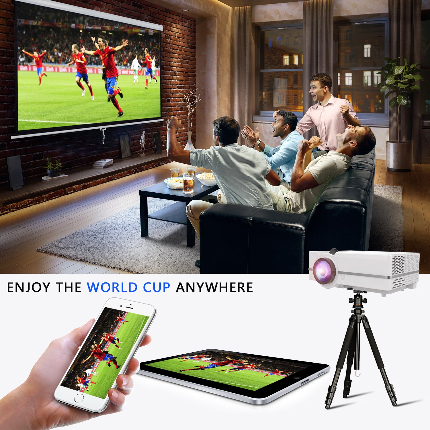People watching a soccer match projected onto a large screen in a living room, with a smartphone, tablet, and the projector on a tripod in the foreground.