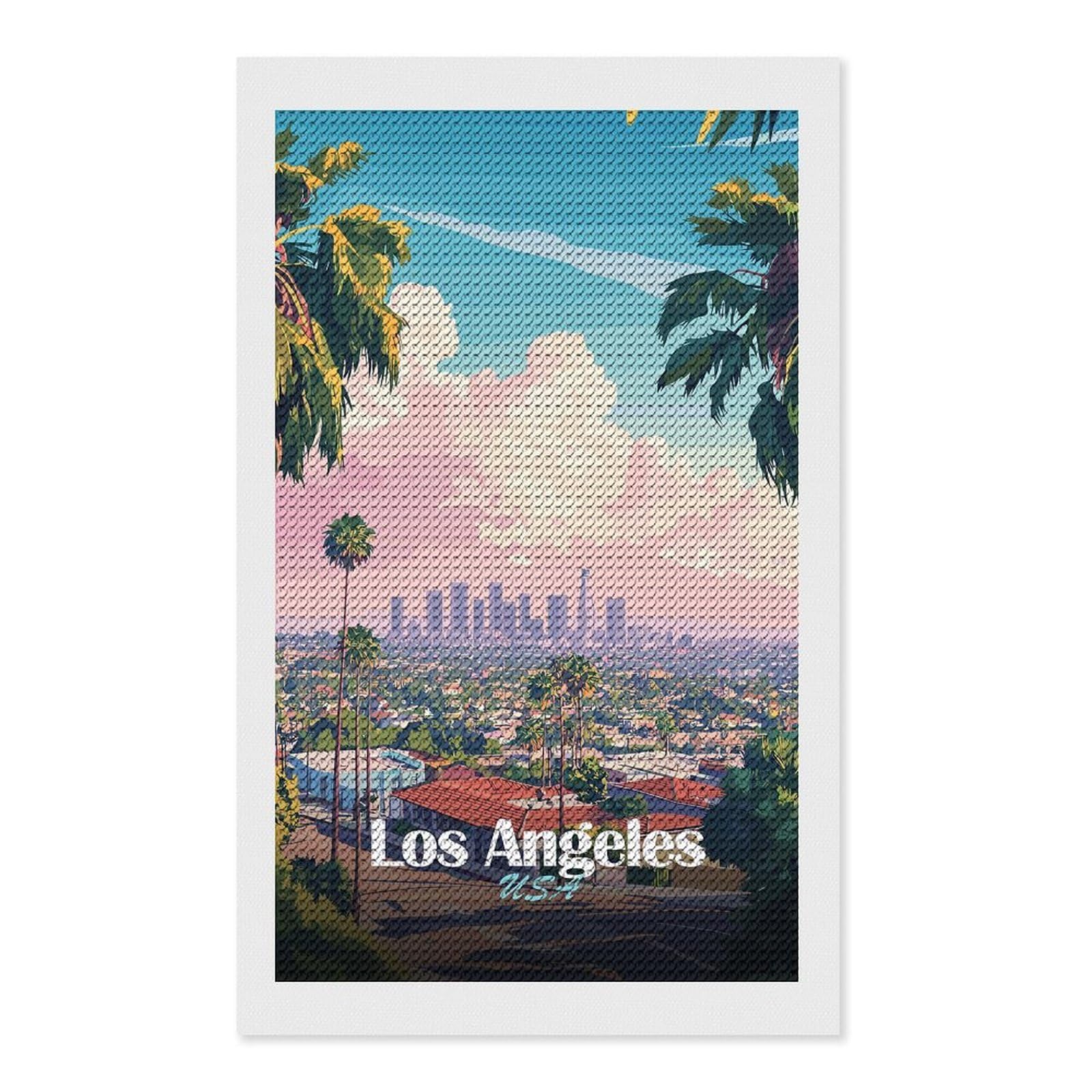 Junmoney Los Angeles Skyline Art Diamond Painting Canvas Set 12"x20", Boho Decor, for Craft Lovers, Easy Handmade Project, Holiday Gift Idea