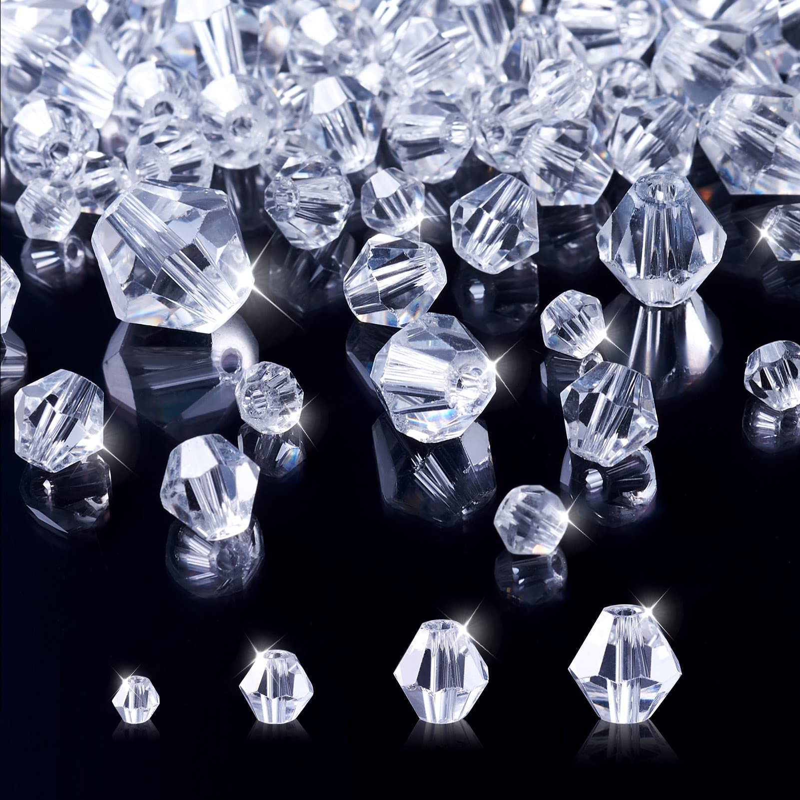 PandaHall 806pcs 4~10mm Faceted Crystal Glass Beads 4 Style Clear Bicone Glass Spacer Charms Beads for Bracelet Necklace Jewelry Making DIY Craft Projects