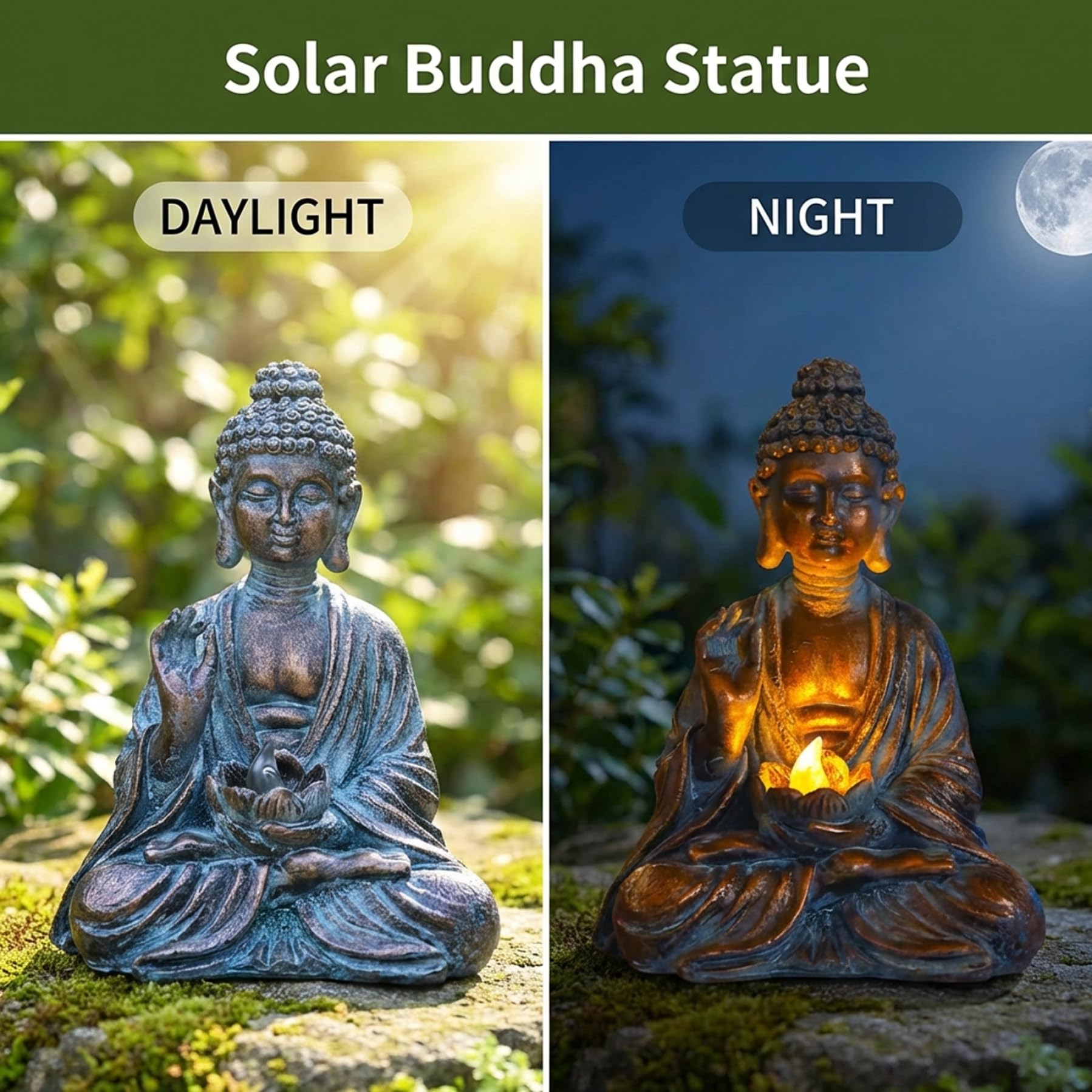 Statua di Buddha Solare, Scultura Zen all'aperto con Luce di Loto a LED, Statua da Giardino in Resina per Giardino, 5, 9x4, 3x7, 7 Pollici