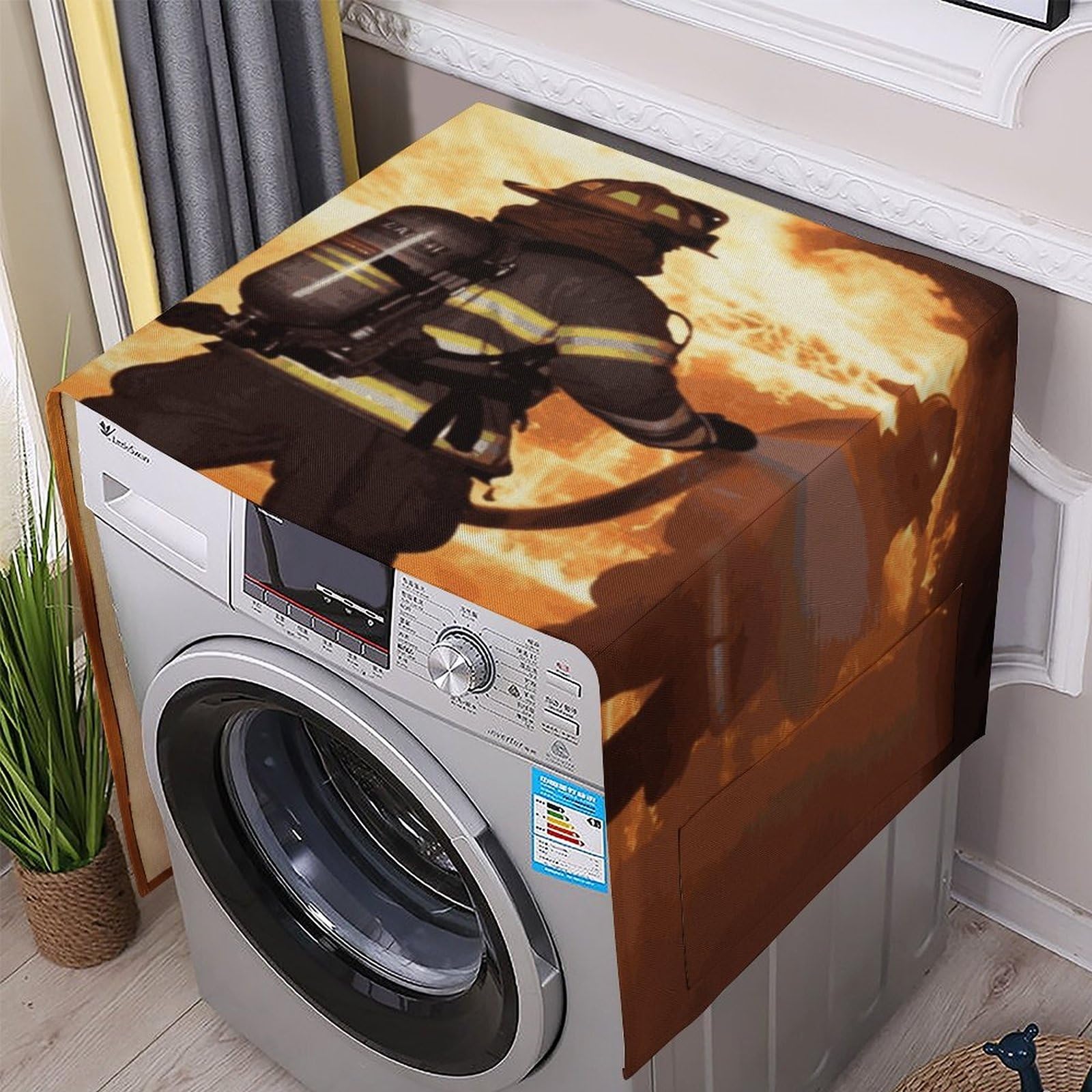 Fodpand White Washing Machine Cover For Top Load Dustproof Firefighter Fireman Flame Washer And Dryer Cover With Storage Pockets Household Appliance Covers Washable Top Protector Mat Pad For Laundry & Kitchen