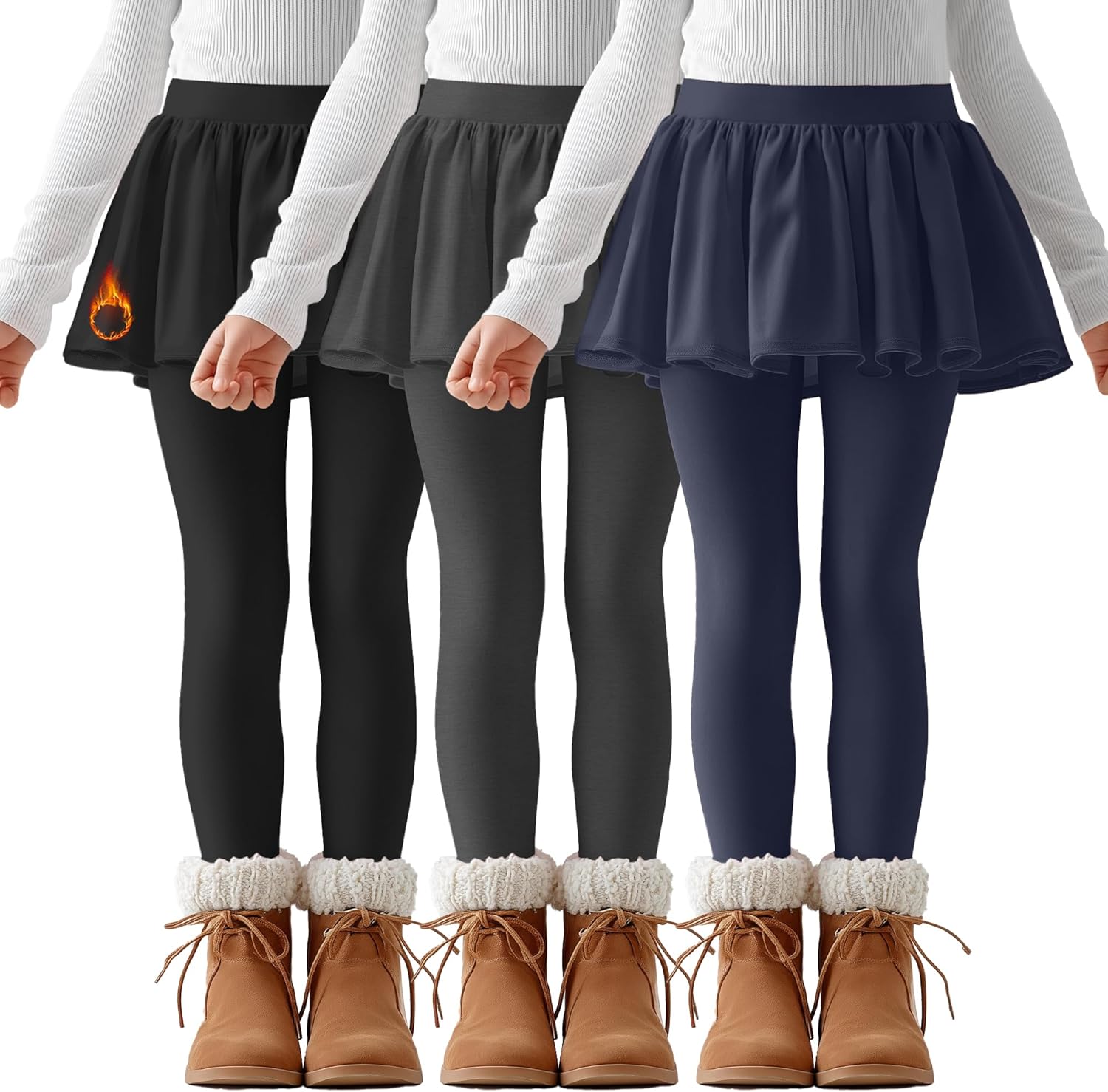 3 Pack Girls Fleece School Uniform Pants Leggings with Ruffle Skirt Kids Thermal Footless Stretch Pants 5-14 Years