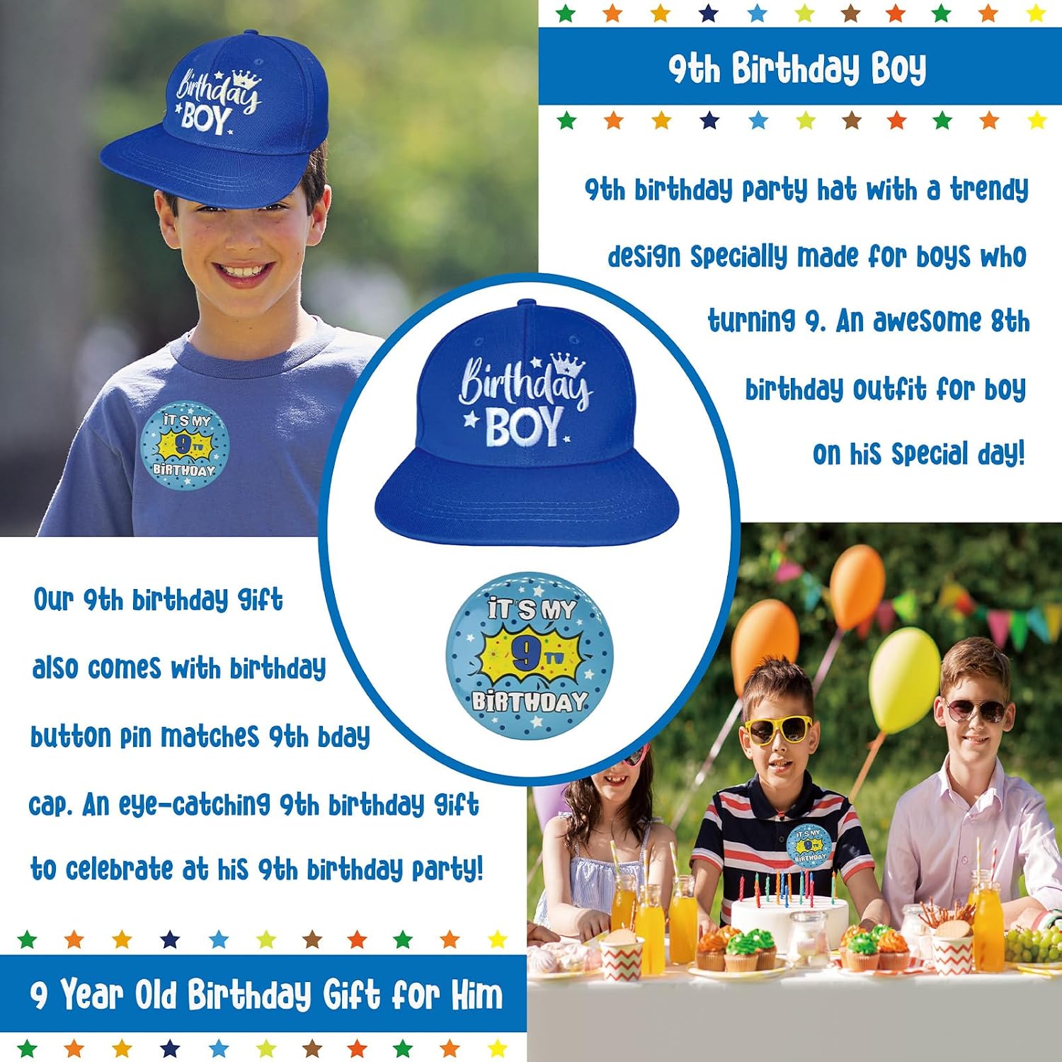 ZomefinKiu 9th Birthday Party Favors - Badge Button, Hat, and Decorations for 9 Year Old Boy's Outfit