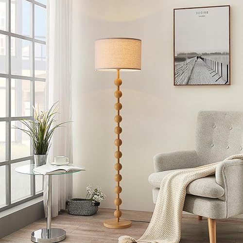 Miniatura 2 de Modern Dimmable Remote Control Floor Lamp for Living Room Bedroom with LED E26 Bulb, Yellow Wood Pattern Iron Tall Standing Lamp Light with Fabric
