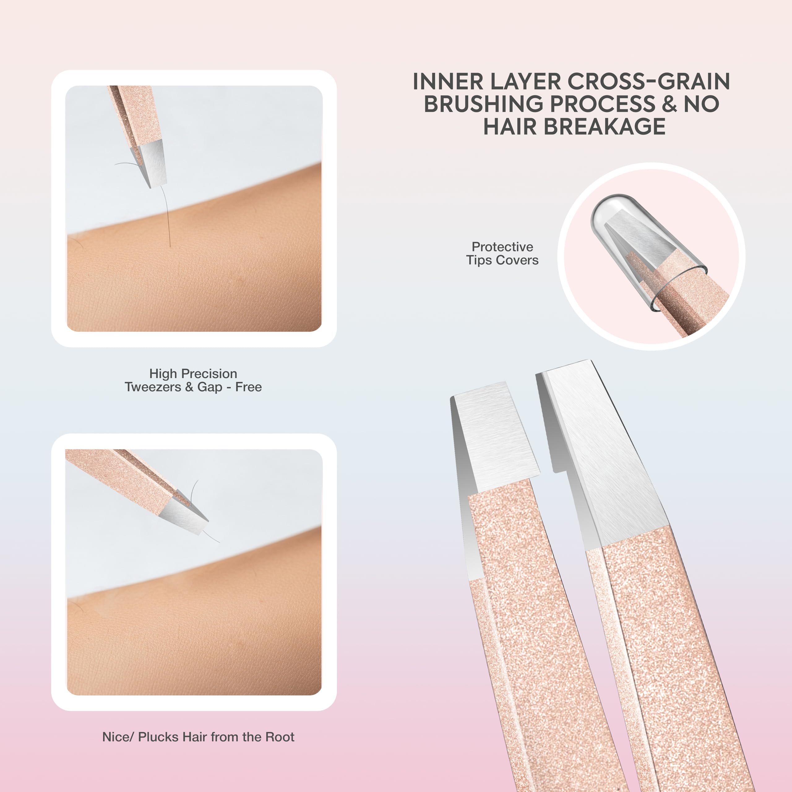 MARKHOR® Rose Gold - Set Profesional de Pinzas de Precisión y Pinzas Depilar para Cejas Vello Facial Astillas y Pelos Encarnados - Acero Inoxidable con Estuche (Pack de 4)
