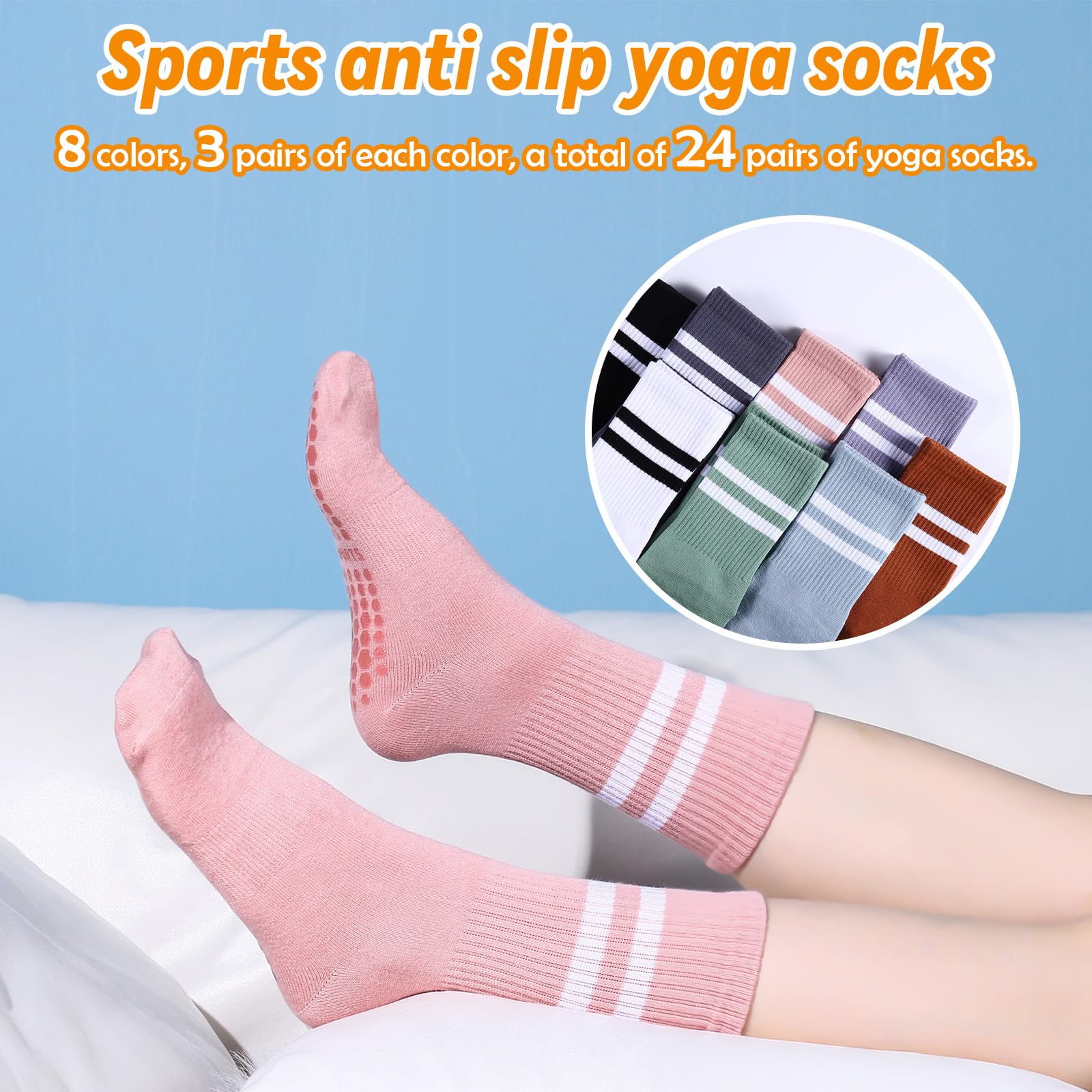Jspupifip 24 pares de calcetines largos de pilates para mujer con agarres, calcetines de yoga antideslizantes a granel para el hogar, hospital, calcetines para yoga, pilates, entrenamiento de barra,