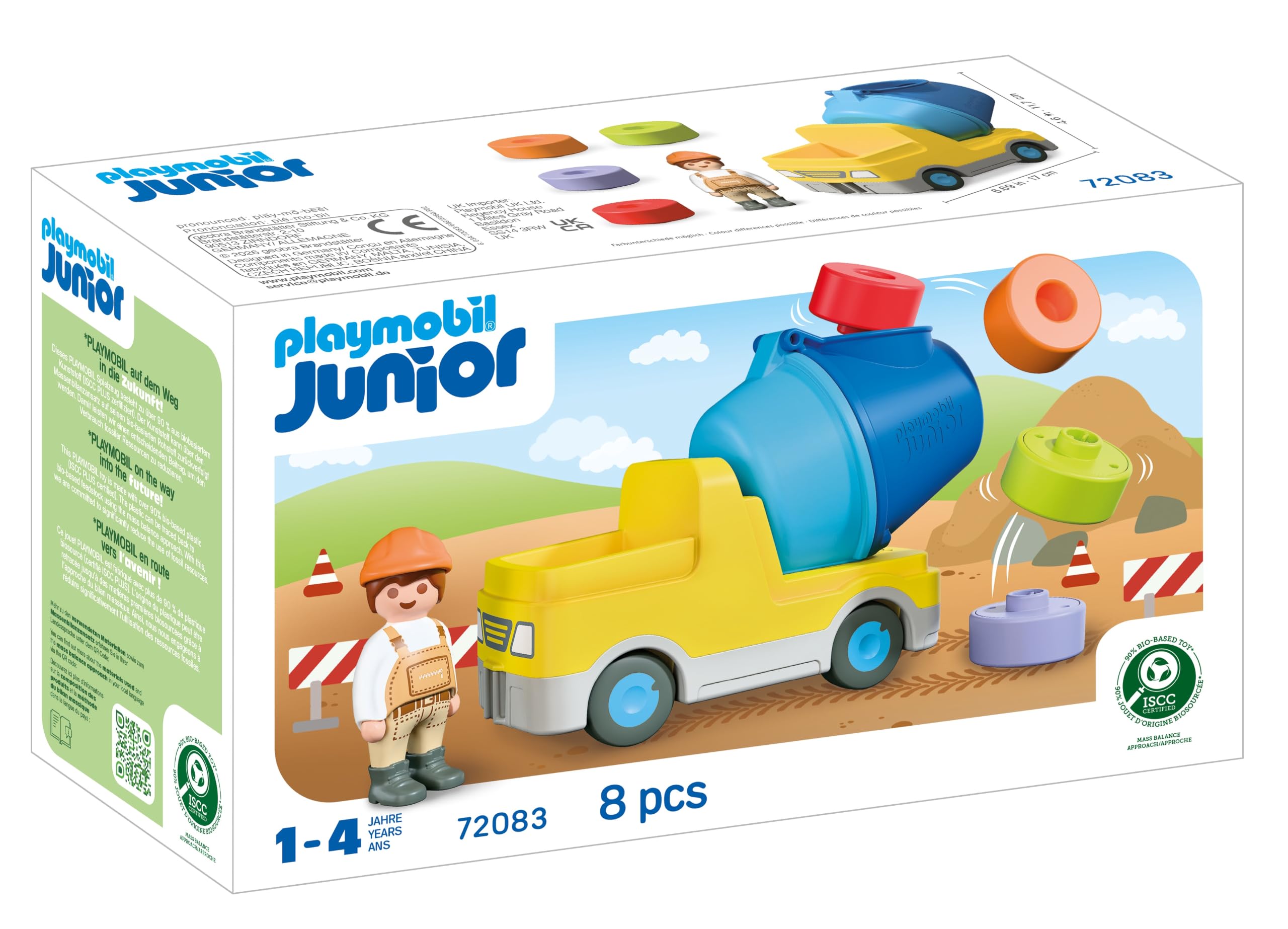 PLAYMOBIL | JUNIOR | Betonmischer | Buntes Baustellenfahrzeug mit Abnehmbarer Trommel & Stecksteinen | Für Kinder ab 1 Jahr | 72083