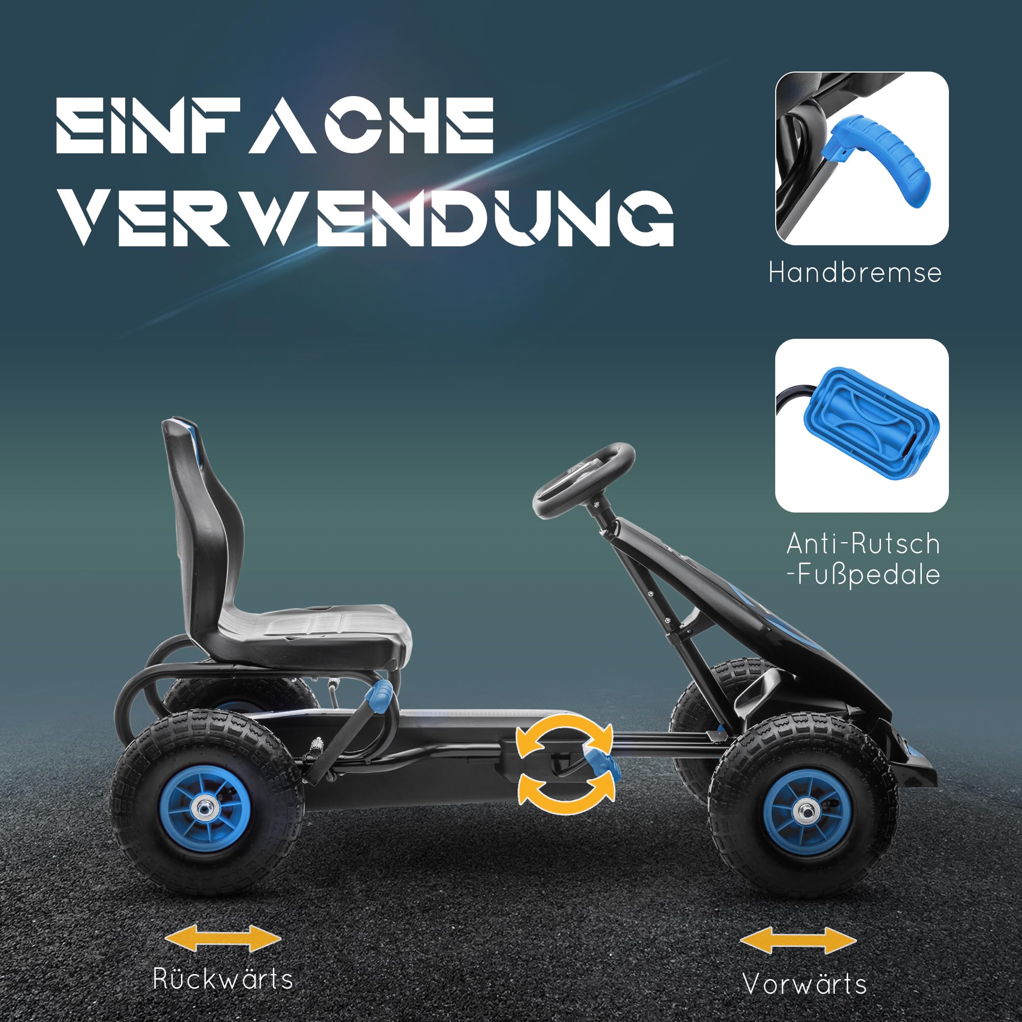 HOMCOM Gokart, Kinderfahrzeug mit 3-stufigen verstellbarem Sitz, Tretfahrzeug mit Gummireifen, Pedal und Handbremse, Kettcar für 5-12 Jahre Kinder bis 50 kg, Outdoor, Blau