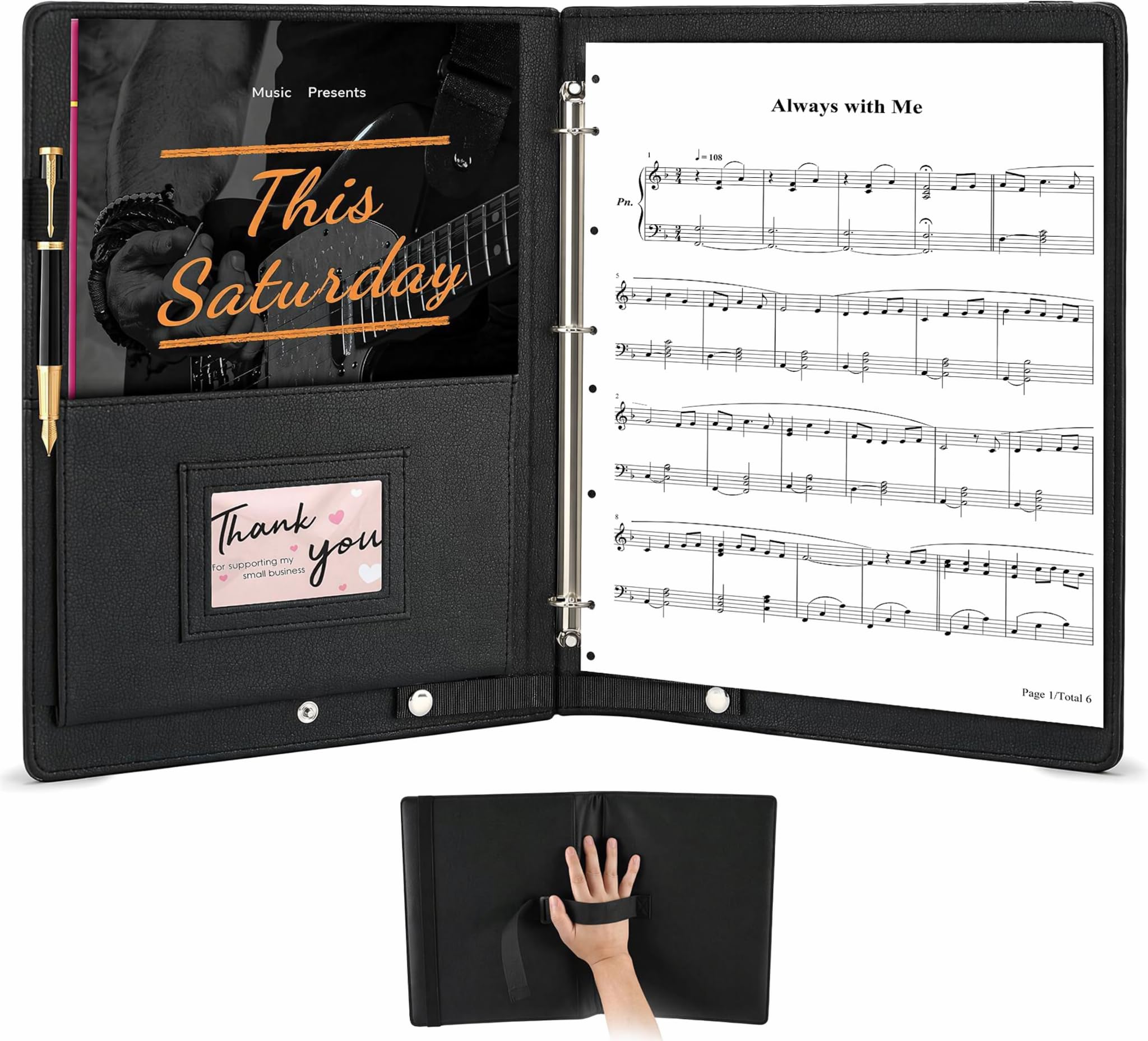 Pochette à partitions A4 avec dragonne et pochette transparente pour 30 feuilles, similicuir noir, classeur partition musique, dossier de musique pour piano, porte partition chorale