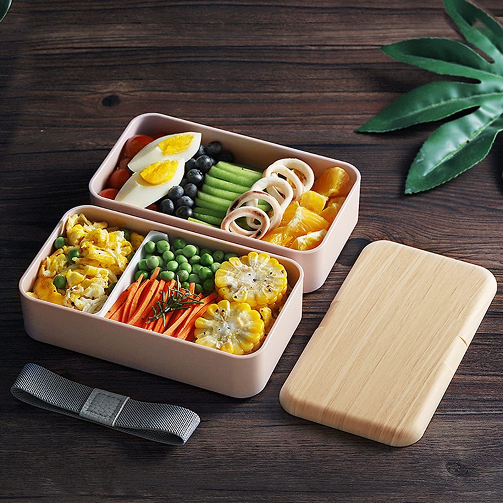 Fiambrera de Doble Capa de 1200 ml con Aspecto de Madera, Ideal para ensaladas, Tipo bento, portátil, con Compartimentos (Negro).