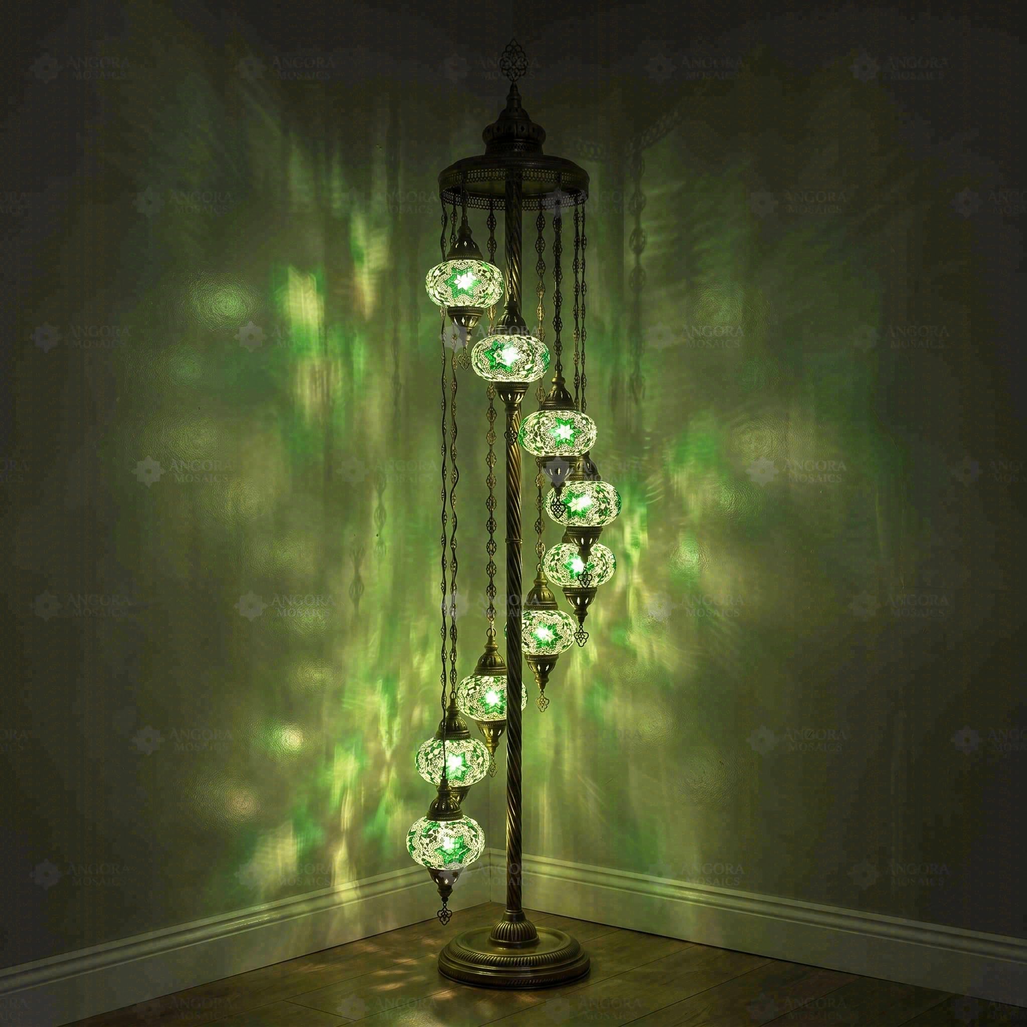 ENVA Lampada da terra verde a 9 globi - Lampada a mosaico turco - Motivo stella smeraldo - Lampada da terra bohémien marocchina, finitura in ottone anticato