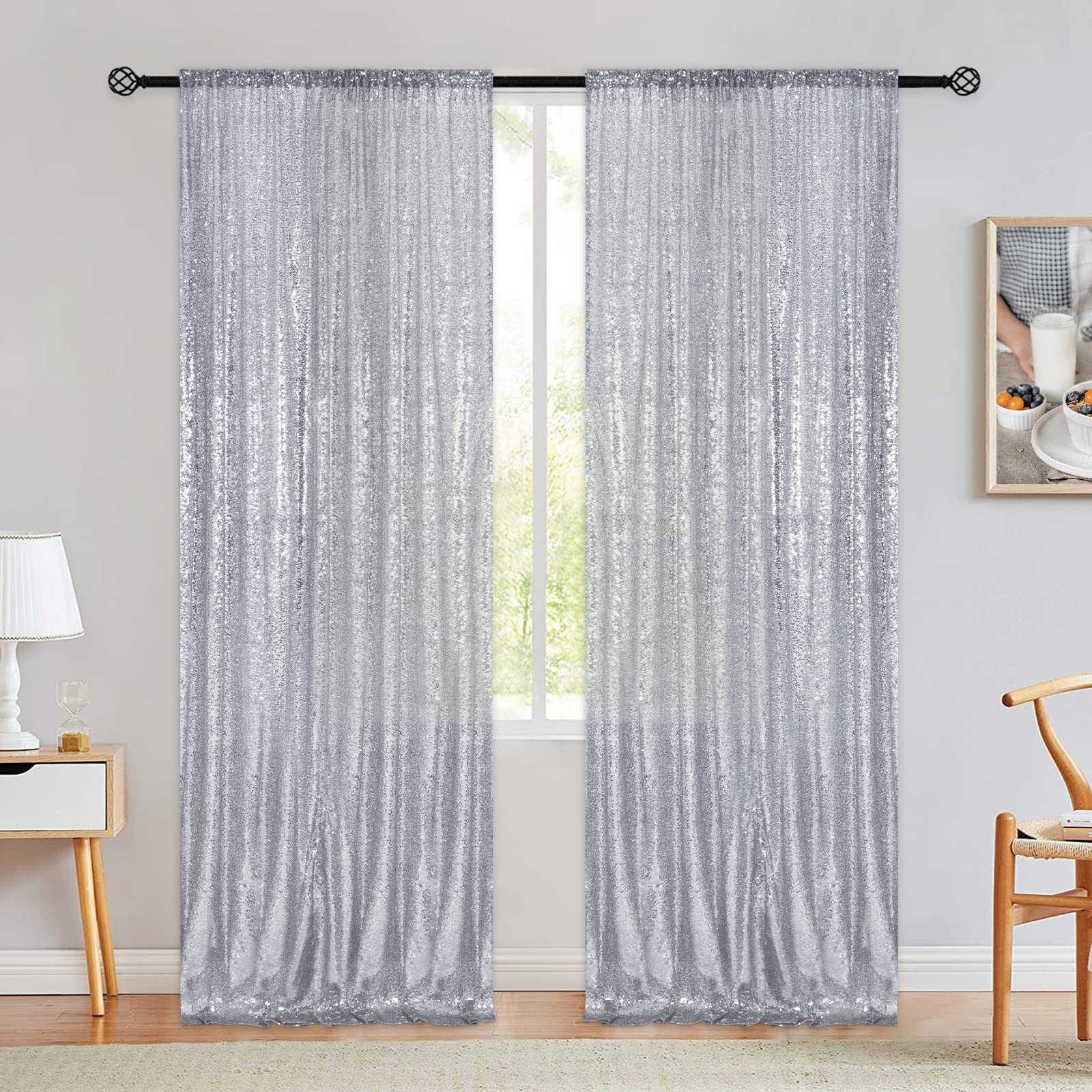 Buy WENMER Silver Sequin Backdrop 2 Pieces 2 x 8FT Sequin Curtain