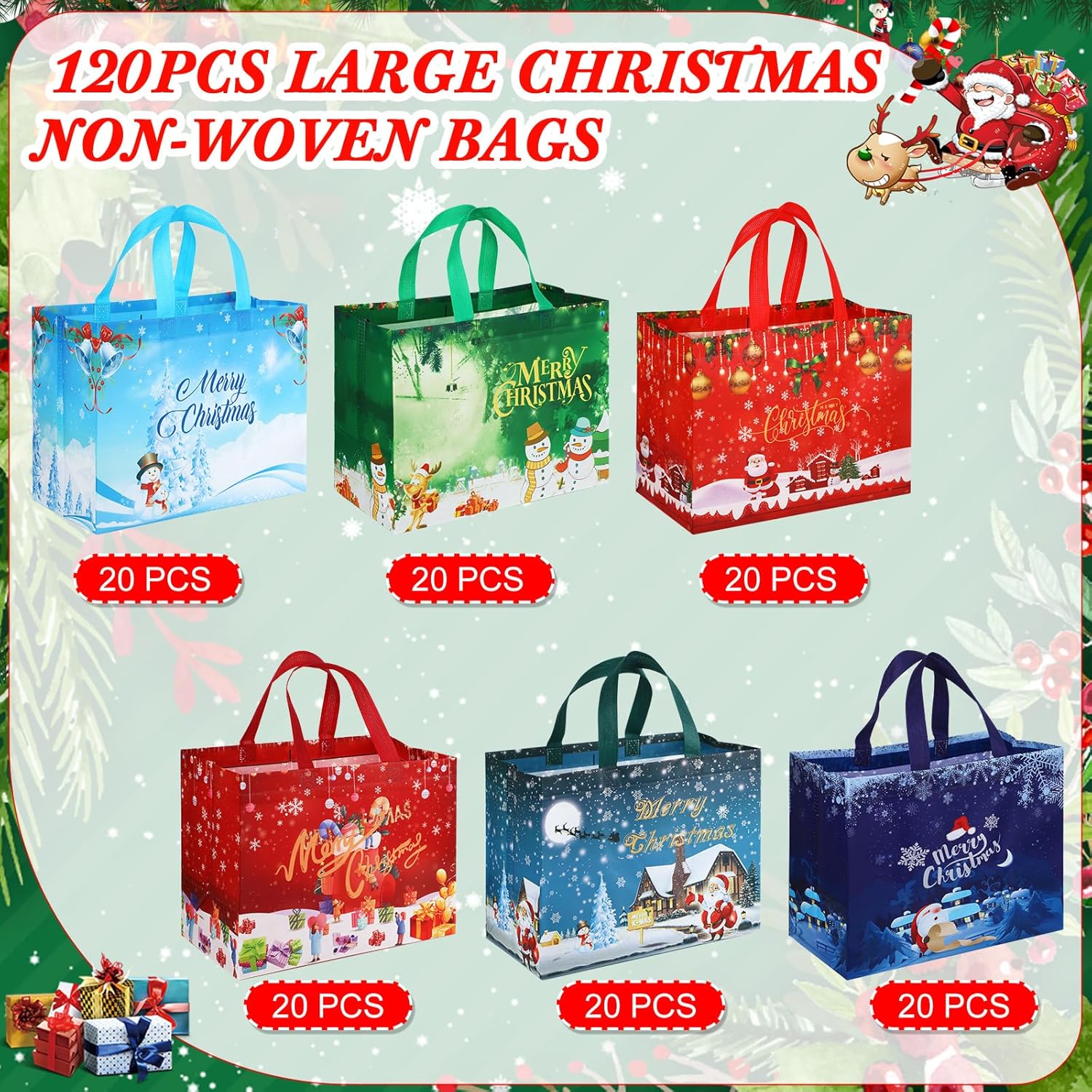 Talltalk 120 Pcs Christmas Gift Tote Bags Bulk Christmas Non Woven Treat Bags with Handle 12.8 x 9.8 x 6.7 in(Cute) - Image 5
