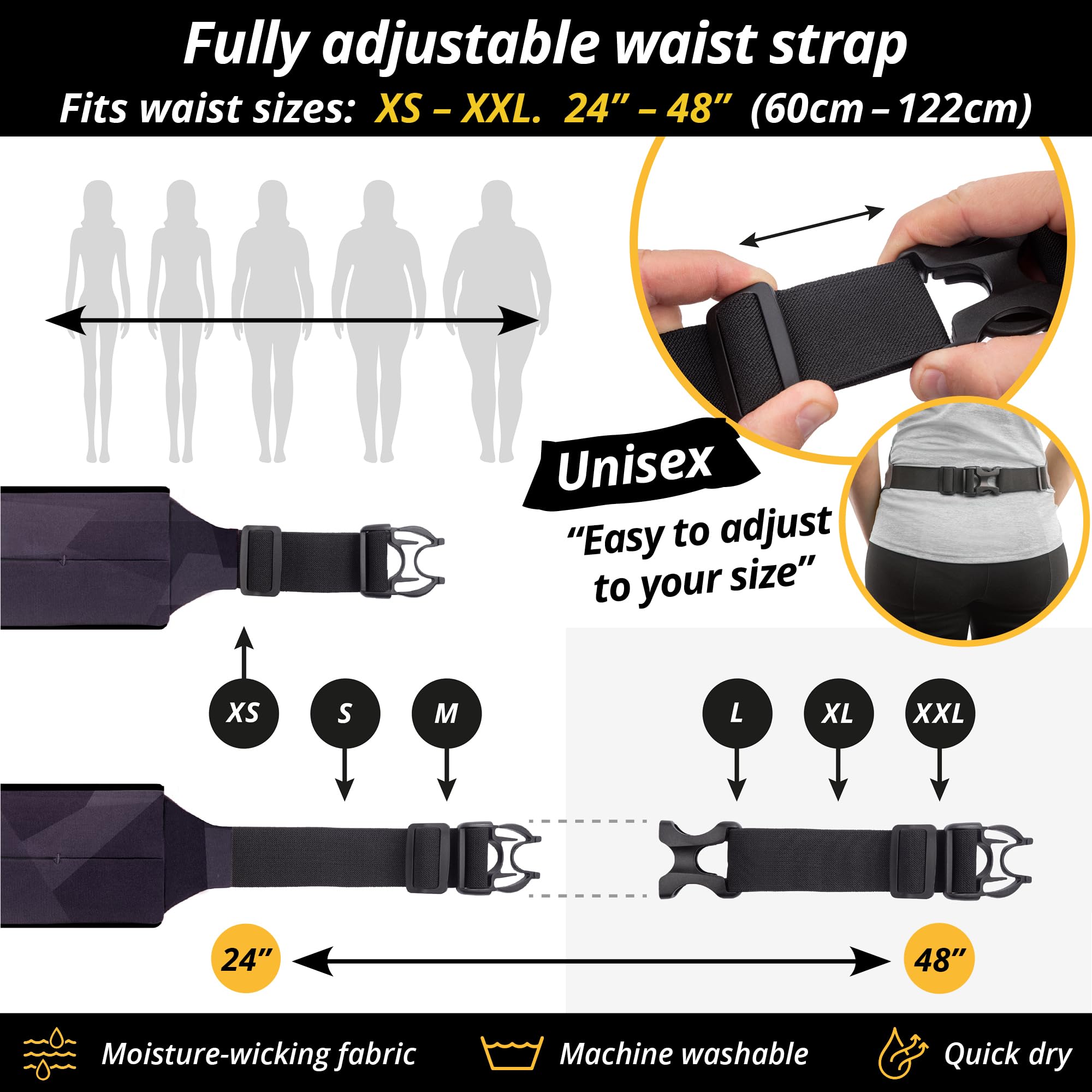Build & Fitness Sac Banane – Taille Ajustable, Pochette Smartphone Légère, Mains Libres - Convient à Tous Les Téléphones, Clés, Cartes, AirPods - Marche, Yoga, Ceinture Course A Pied Hommes et Femmes