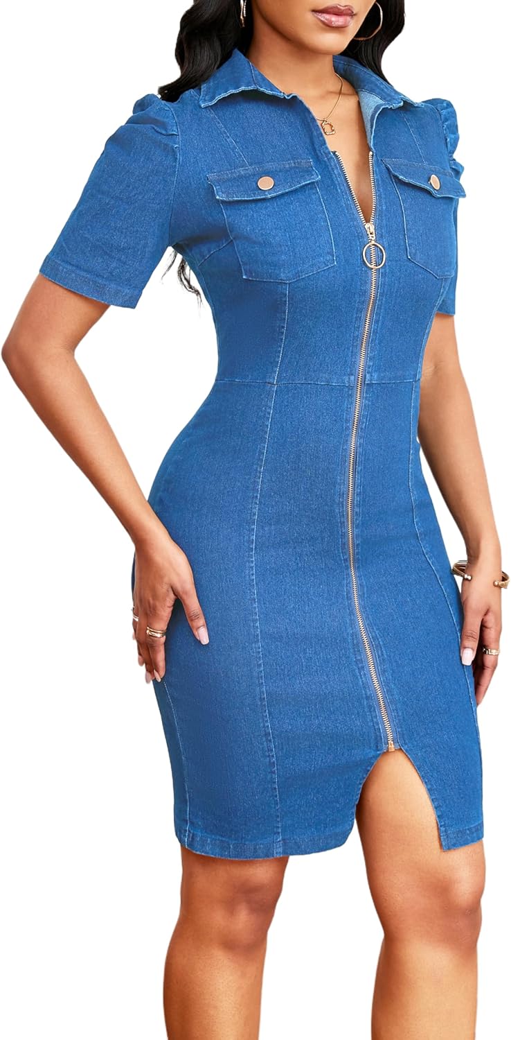 Denim Dress for Women Bodycon Sexy Short Sleeve Jean Split Workwear Dresses with Zipper Club Party Night - Image 8