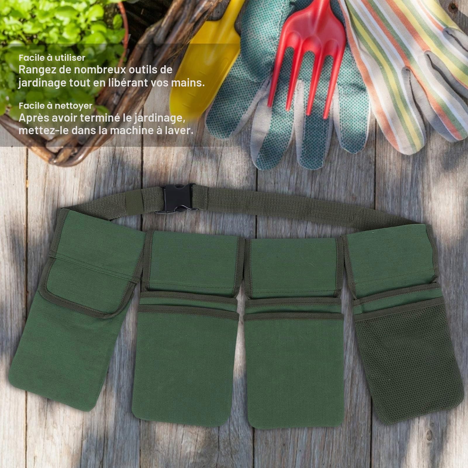 Ceinture à outils de jardin EBTOOLS, sac organisateur de jardin en toile résistante avec 4 poches amovibles et profondes, lavable, vert, 29 x 15 cm, 125 cm de long