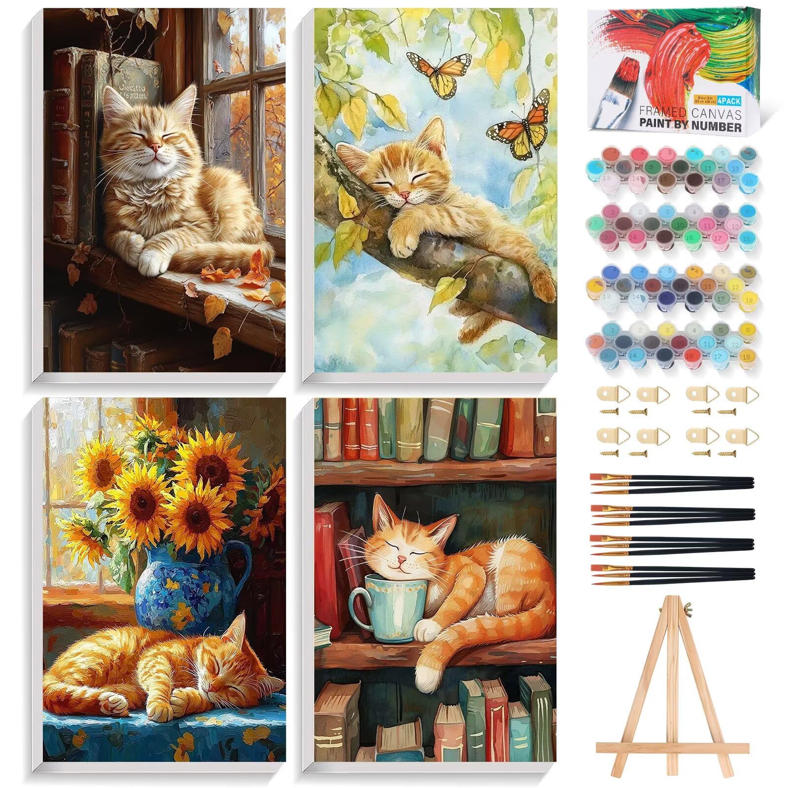 Fountor 4Pf-2030Cm-04 4 Pack Paint By Numbers For Adults With Frame, Sleeping Cat Adult Paint By Number Canvas Kits With Wooden Easel, Diy Acrylic Cute Cat Painting By Numbers For Home Wall Decor Gift 8X12 Inch/20X30cm