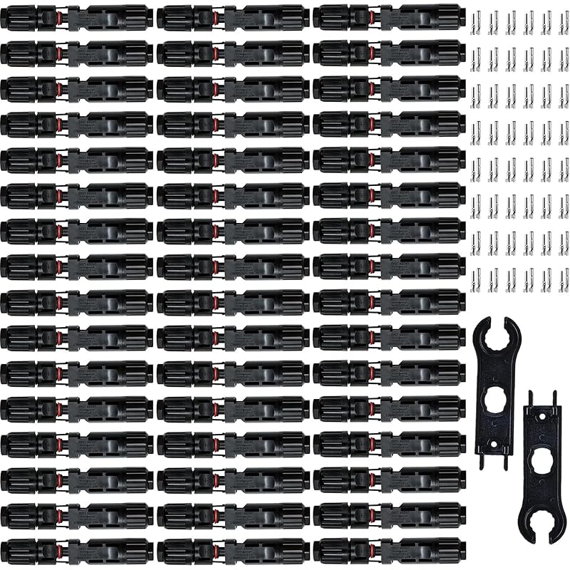 Kit de Conectores Solares MC4 Feotech Macho e Fêmea com Proteção IP67 para Cabos Fotovoltaicos, 48 Pares + 50 Pares de Pinos e 2 Chaves