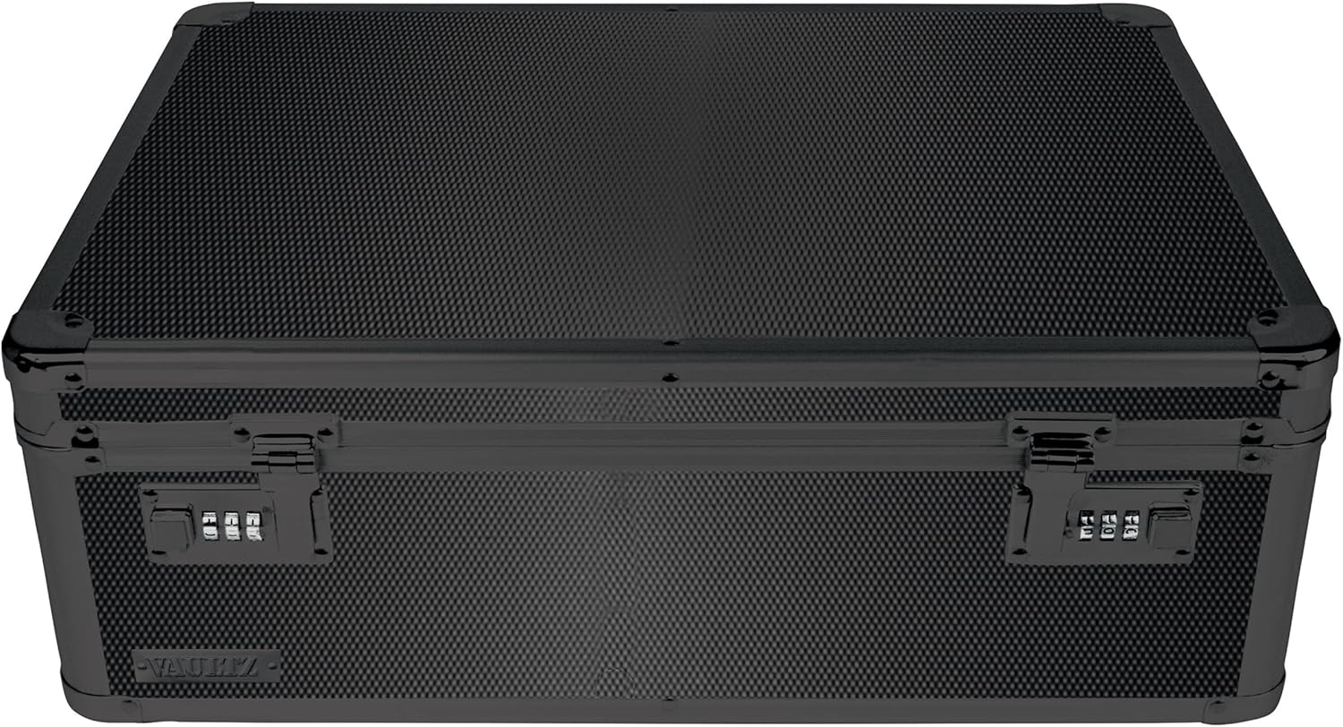 Vaultz Storage Lock Box - 6.5 x 19.25 x 13.5 Inch Lockable Dorm Storage Trunk with Combination Lock - Briefcase, Medicine Box, Lock Boxes for Personal Items, Cash, Laptop - Black on Black