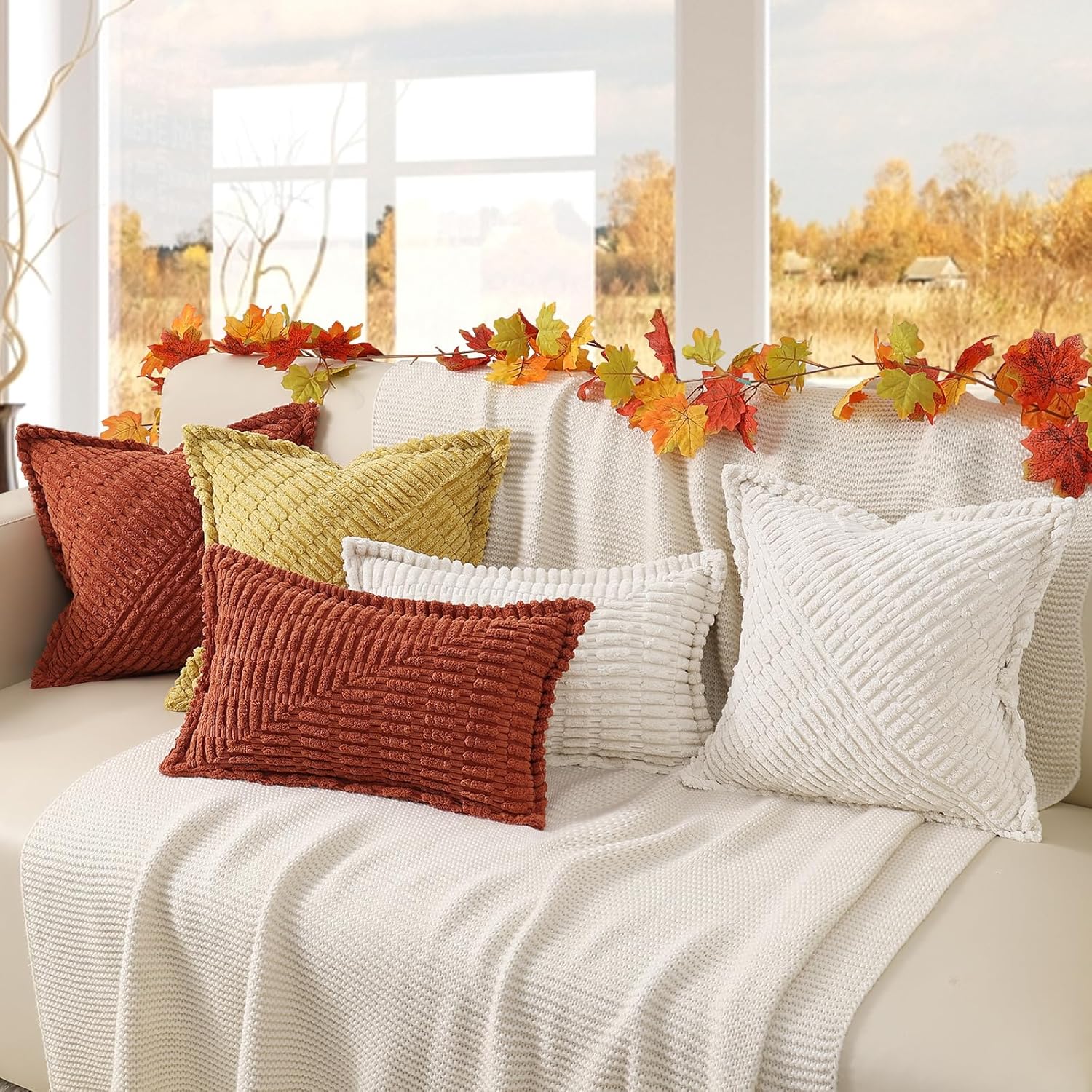 decorUhome Decorative Cream White Throw Pillow Covers 20x20 Set of 2 with Splicing, Boho Soft Corduroy Broadside Twill Spring Pillow Covers for Couch Bed Sofa Living Room - Image 8