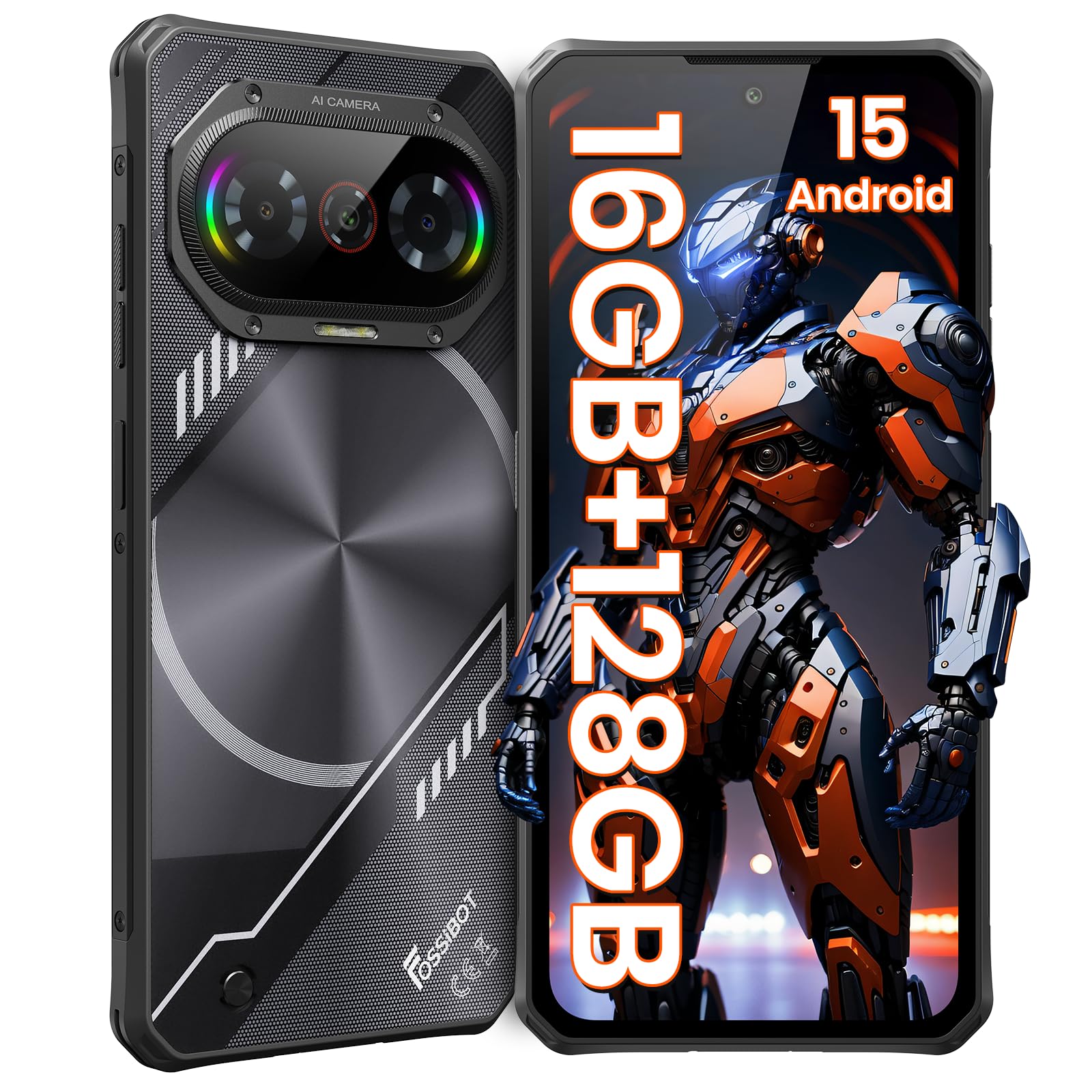 FOSSiBOT F114 Téléphone Portable Incassable Android 15, 16Go+128Go/2 to TF Smartphone, 50MP Caméra, 6,67'' HD Écran Musique Breathing Light Telephone de Chantier - Dual SIM/GPS/NFC/Face ID (Noir)