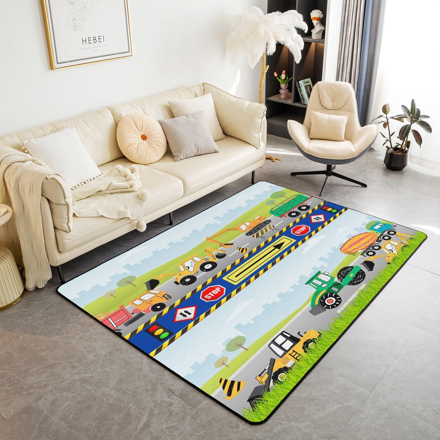 Loussiesd Tappeto con escavatore per bambini, per macchinari, trattori, camion, soggiorno, set di tappeti da costruzione, carino, tappeto decorativo per la scuola, auto, veicolo d'accento, tappeto 150