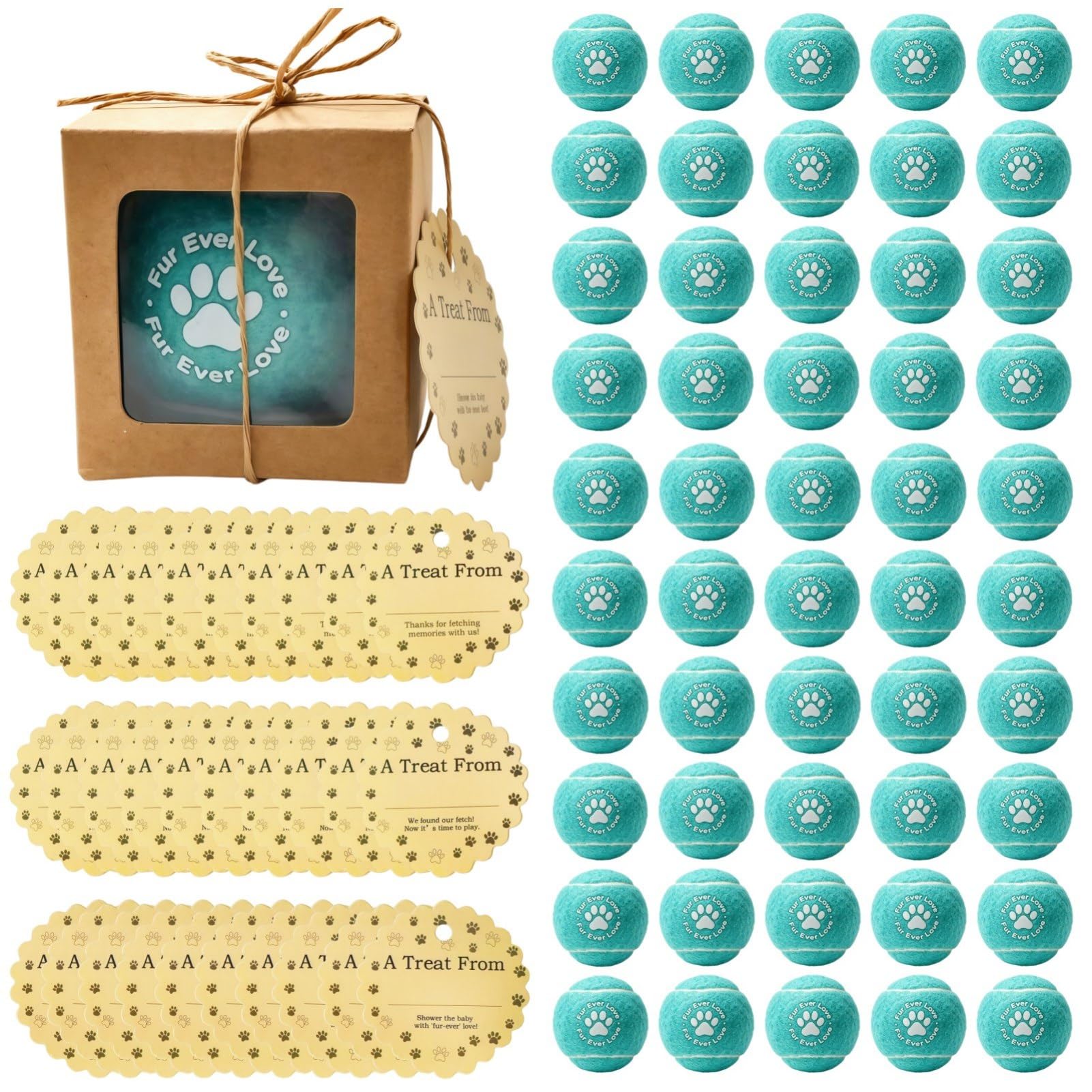 24/50/100 Stück hellblaue Tennisbälle, Hochzeitsgeschenke für Hundeliebhaber, 6,3 cm, Pelz Ever Love Pfotenabdruck, inklusive einzelnen Boxen, Karten und Schnur