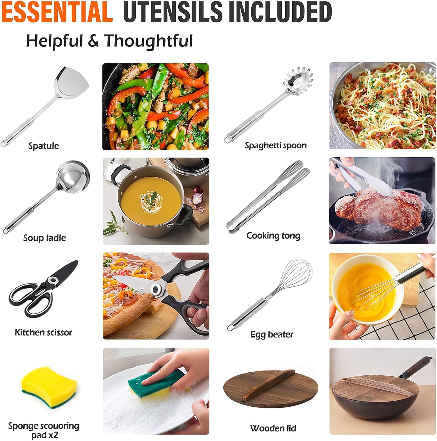 BrBrGo Wok Pan, 13" Carbon Steel Wok with Wooden Handle, Flat Bottom Chinese Stir Fry Wok, 10 Pieces Set with Cooking Utensils, Frying Pan for All Stoves: Home & Kitchen