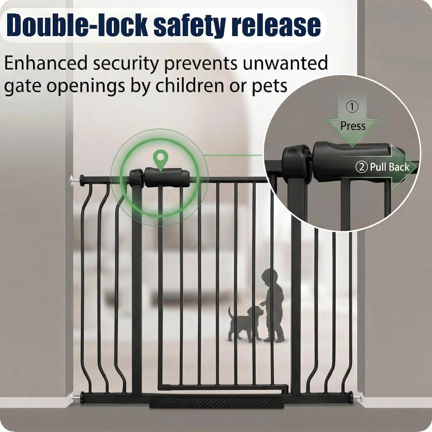 Extra Wide Baby Gate 86-105" Dog Gate Indoor Pressure Mounted No Drill Safety Gate for Kitchen, Doorways & Hallways, Black Metal Pet Gate for Dogs