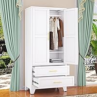 Vista 8 de Armario de metal con barra para colgar, armarios de almacenamiento de ropa de metal de 71 pulgadas con 2 puertas, 1 estante ajustable y 2 cajones, 2