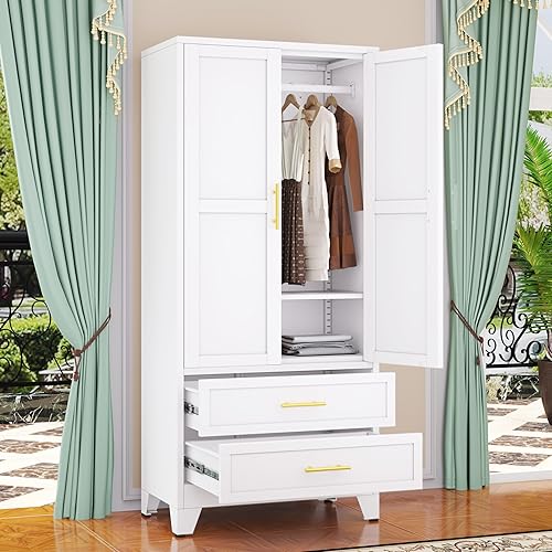 Miniatura 8 de Armario de metal con barra para colgar, armarios de almacenamiento de ropa de metal de 71 pulgadas con 2 puertas, 1 estante ajustable y 2 cajones, 2