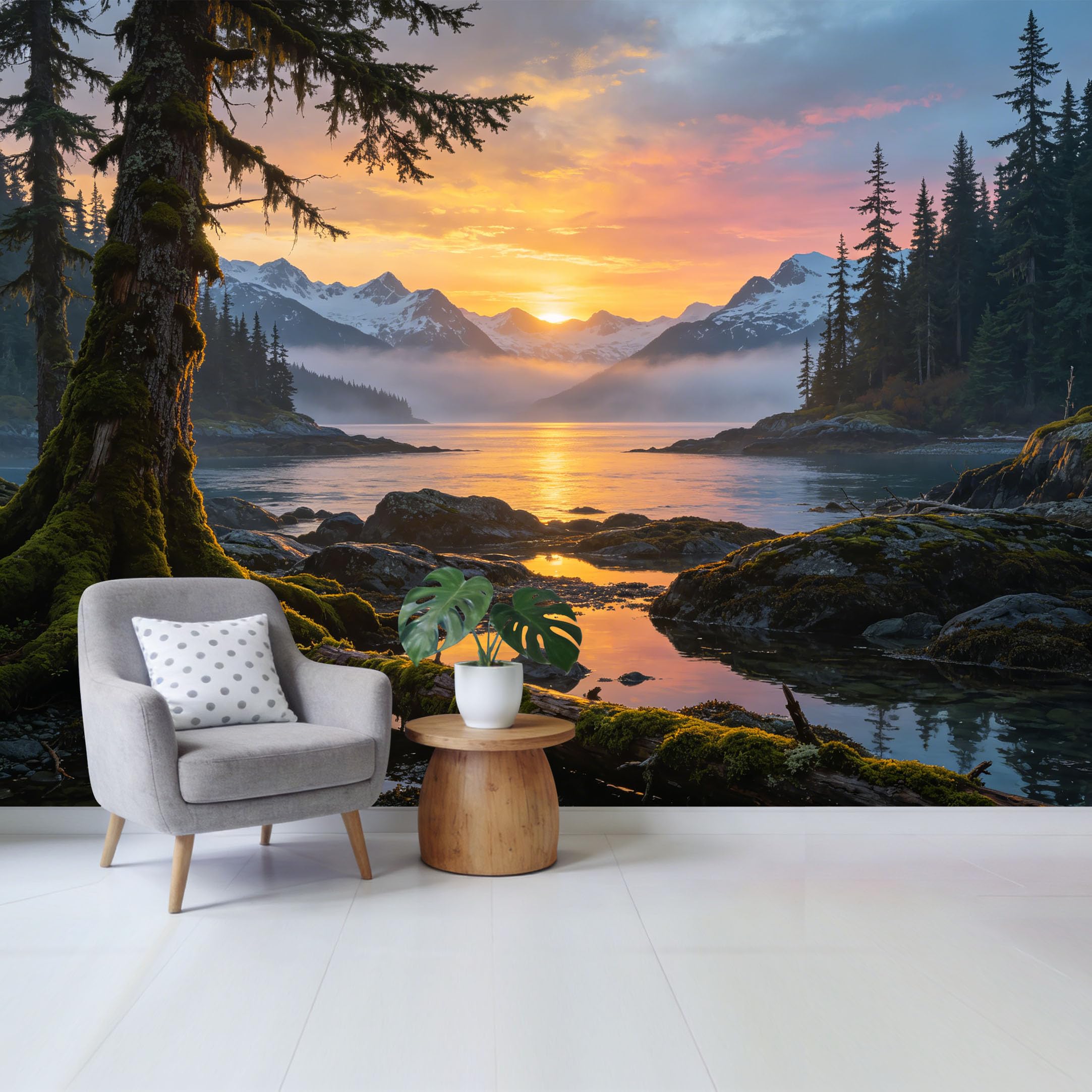 Custom Size Wall Mural Mountain Lake Sunset Landscape Removable Self Adhesive Fabric，Home Wall Decor for Living Room Bedroom Bathroom，Natural Scenery Aesthetic Wallpaper