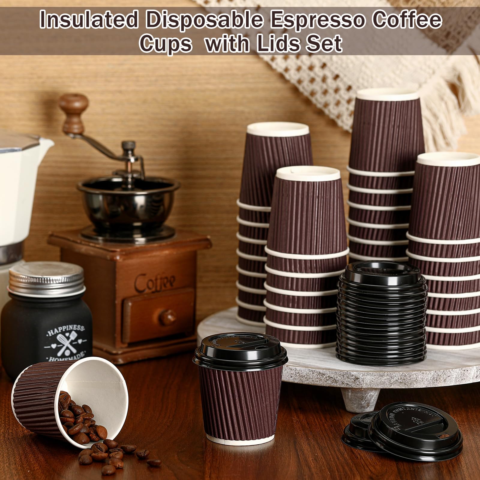 Uiifan Lot de 100 tasses à expresso jetables en papier ondulé avec couvercles, 118 ml, gobelets à café isothermes pour boissons chaudes au chocolat chaud, thé et cacao (café)