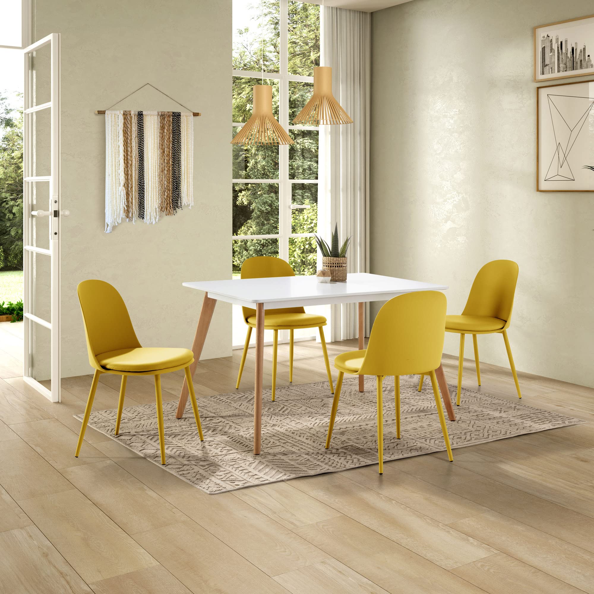 HOMN LIVING Set mit 4 Esszimmerstühlen Kana Senf, Metallbeine und gepolsterter Sitz, 45 cm (Breite) 51,5 cm (Tiefe) 83 cm (Höhe)