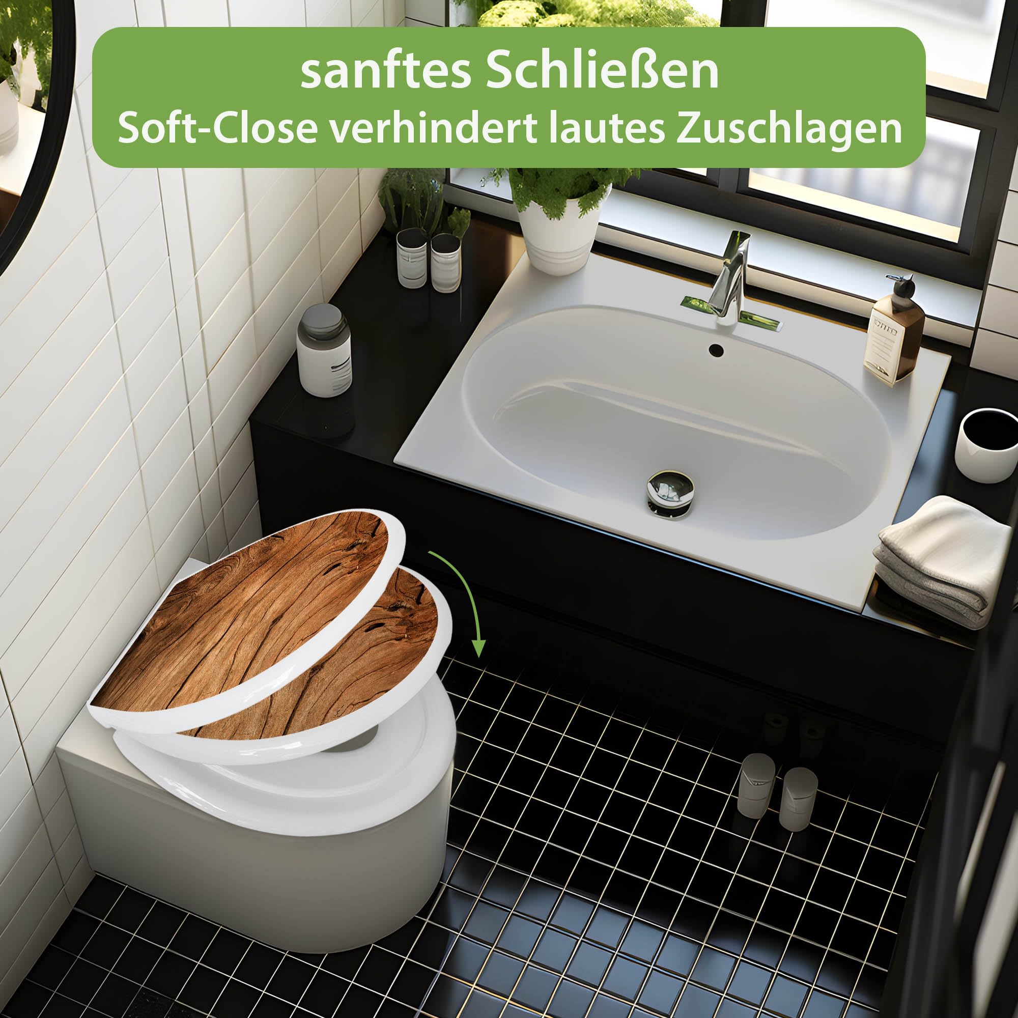 banjado Familien WC Sitz mit Absenkautomatik 44,9x37,1cm - Klobrille mit Kindersitz aus hochwertigem Polypropylen - Toilettendeckel mit Kinder Toilettensitz integriert - Motiv Trockenes Holz