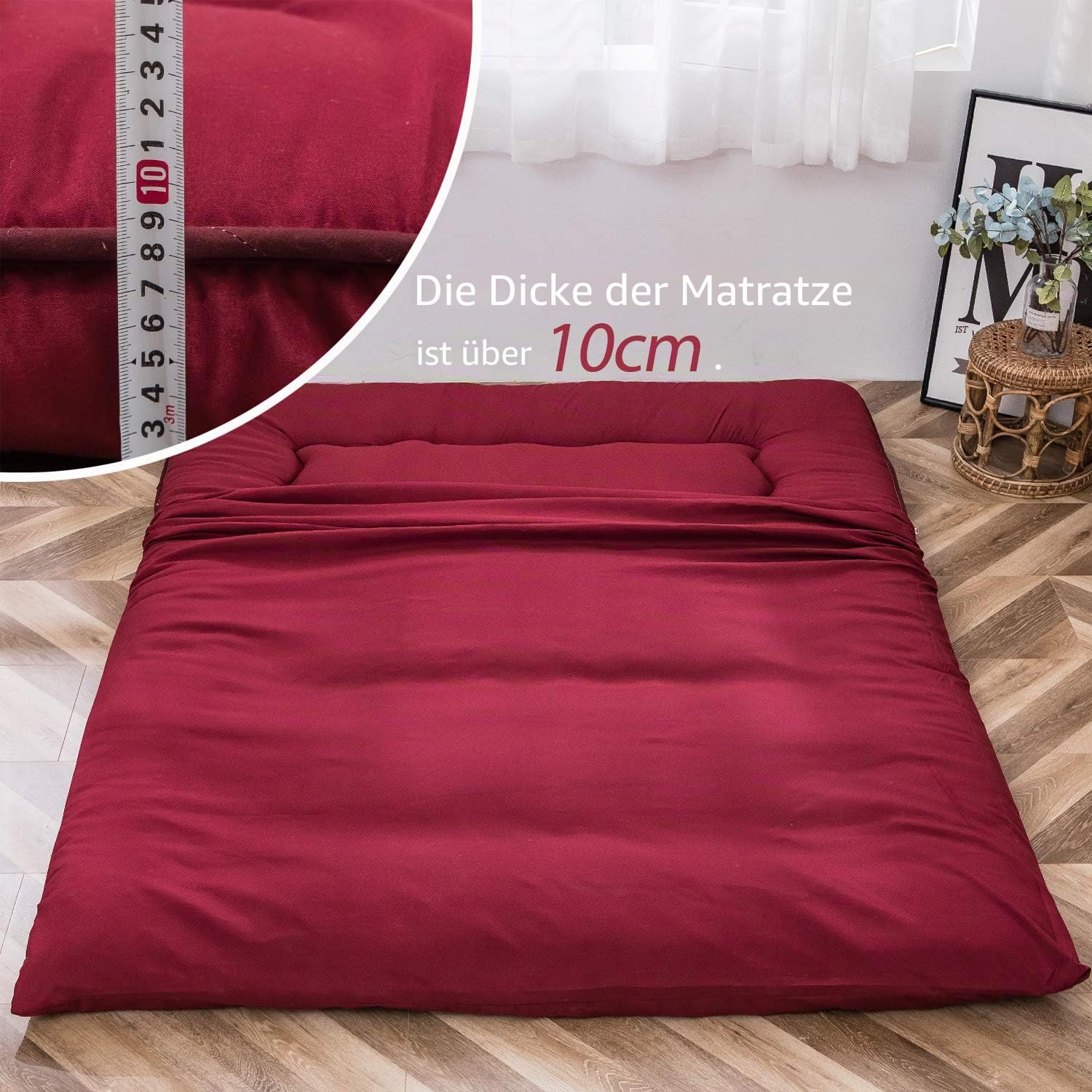 MAXYOYO Klappmatratze Futon Matratze Bodenmatratze Gepolsterte Japanische Tatami Gesteppte Bett, Dicke Faltmatratze Schlafmatte Rollmatratze Bodenliege Gästematratze (Burgunderfarben, 90x190 cm)