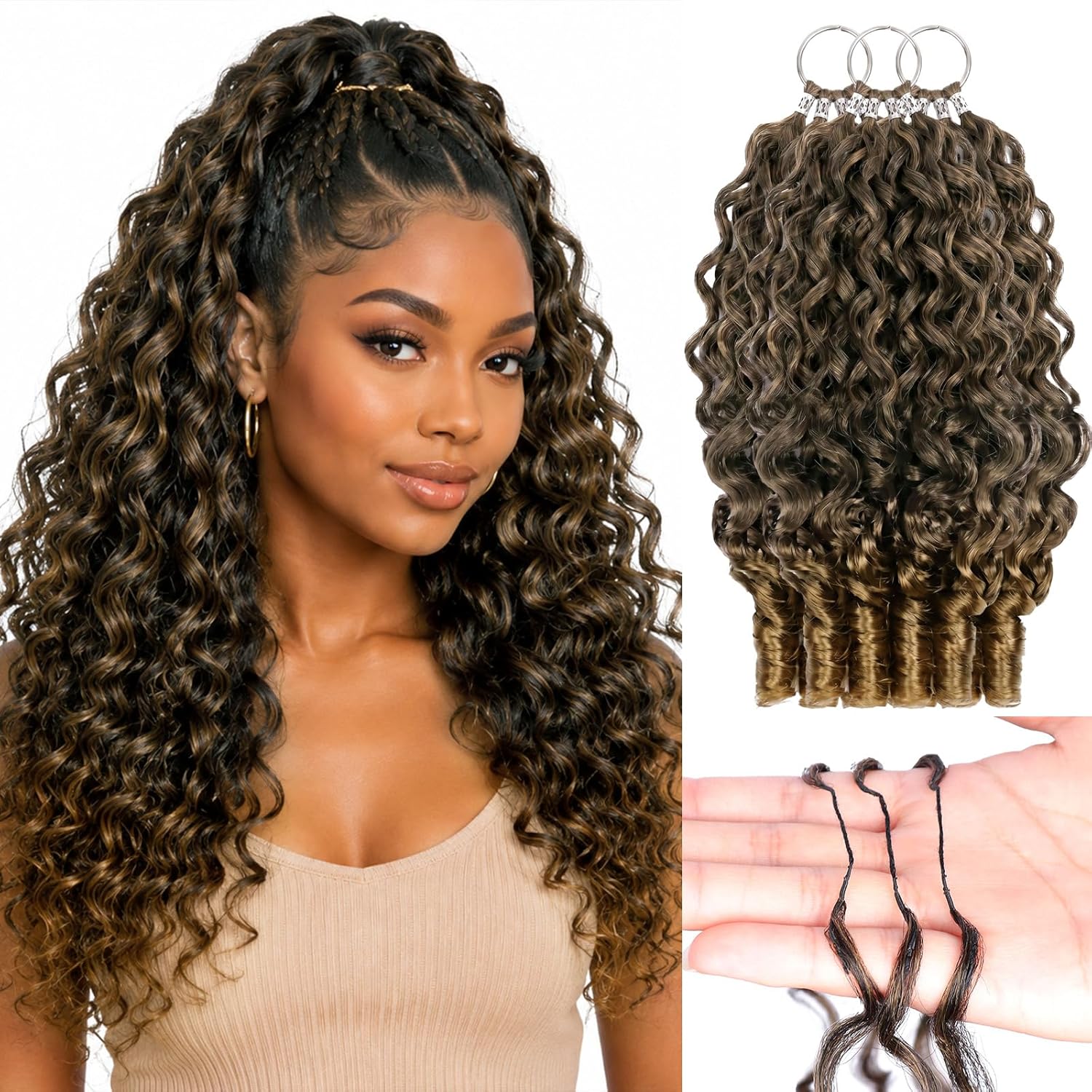 Miracle Knots Feather Crochet Hair Extensions for Black Women, 18 Inch 3 Packs 210g 120 Strands Lightweight Synthetic Burmese Curly Knotless Pre Separated Invisible Braiding, 1B/27