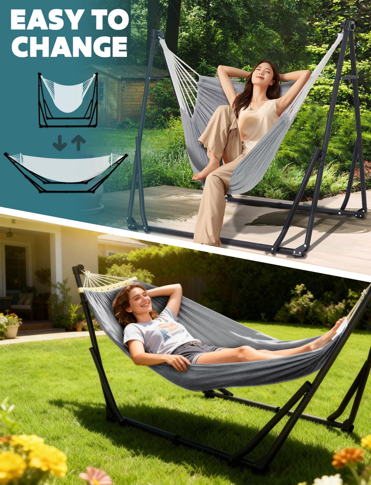 Anyoo Hamaca y Silla de Algodón Con Soporte Plegable, Set Portátil de Doble Uso Para Interior y Exterior, Jardín, Terraza, Patio, Camping, Cubierta