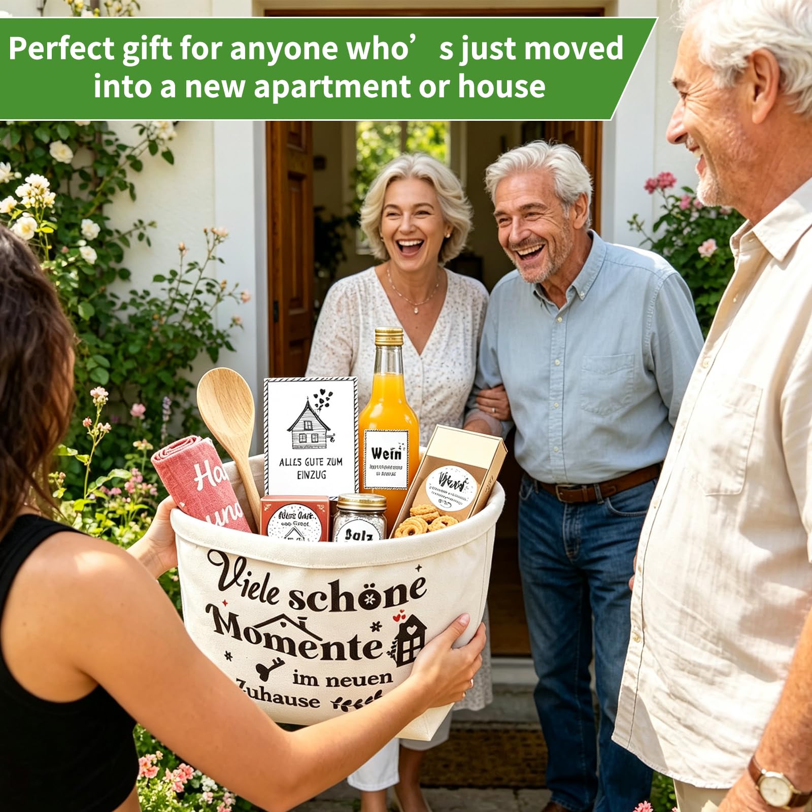 Einzugsgeschenk Set, Geschenk zum Einzug Haus Brot und Salz, Brotkorb mit Holz Schneidebrett, Geschirrtuch, Kochlöffel, Aufklebern, Einweihungsgeschenk für Haus, Wohnung, Mit Aufklebern und Karten