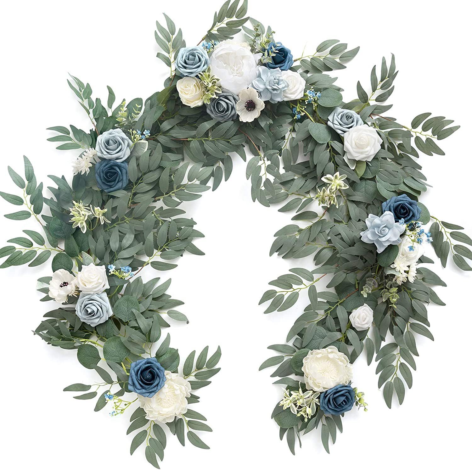 Künstliche Eukalyptus-Girlande mit Blumen, künstliches Grün, 1,8 m, Blau