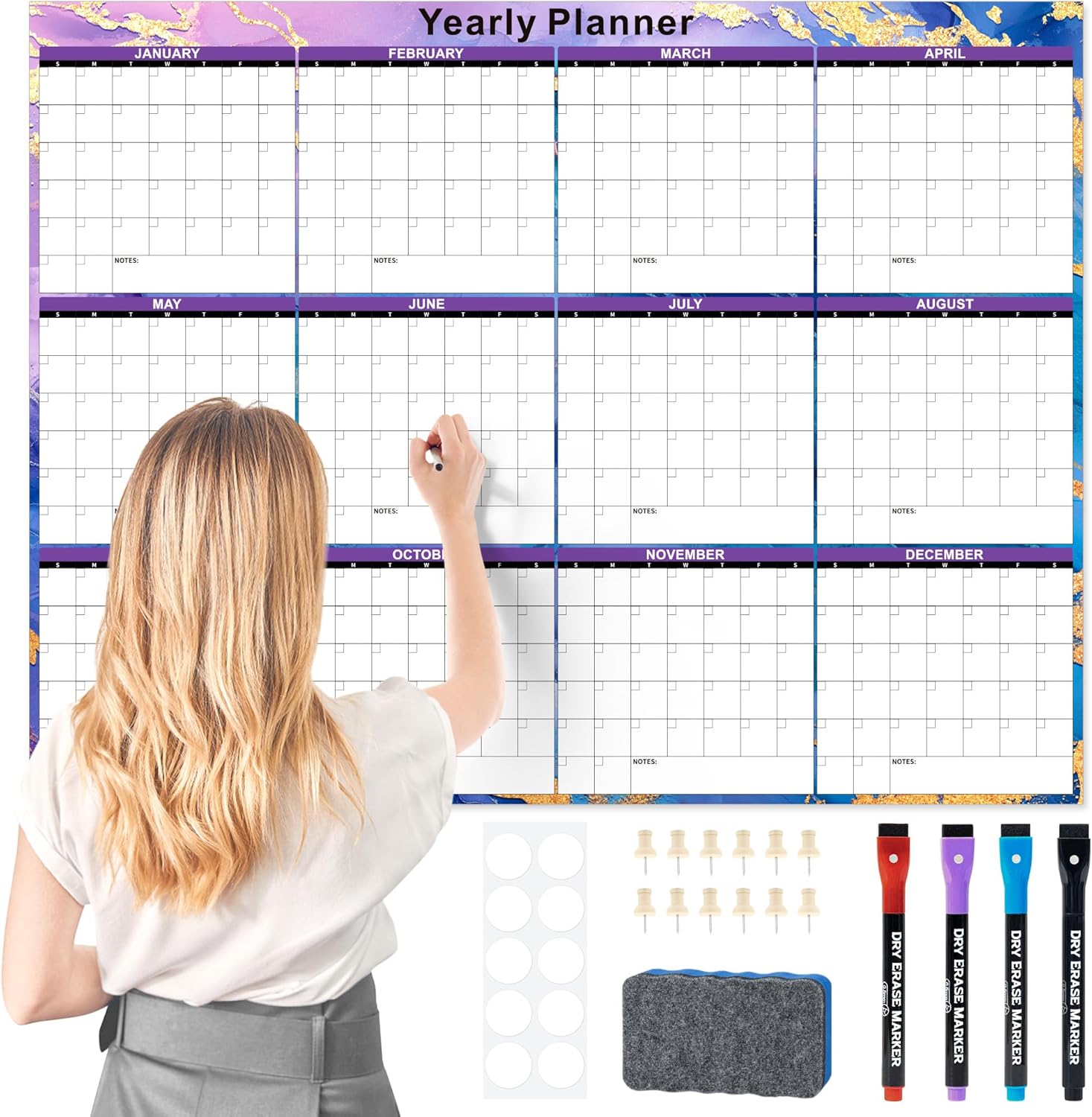 Ospelelf Undated Large Dry Erase Wall Calendar 12 Month, 2026 Laminated Calendar 36.6'' x 48'' Yearly Monthly Family Calendar, Jan to Dec