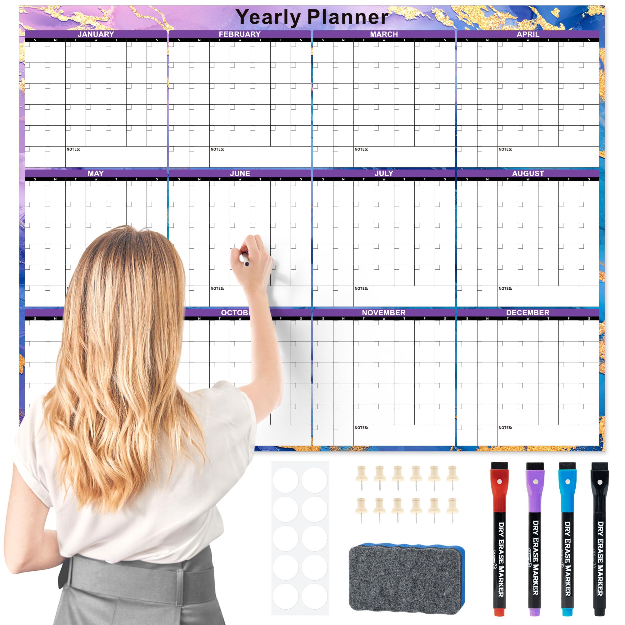 Ospelelf Undated Large Dry Erase Wall Calendar 12 Month, 2026 Laminated Calendar 36.6'' x 48'' Yearly Monthly Family Calendar, Jan to Dec