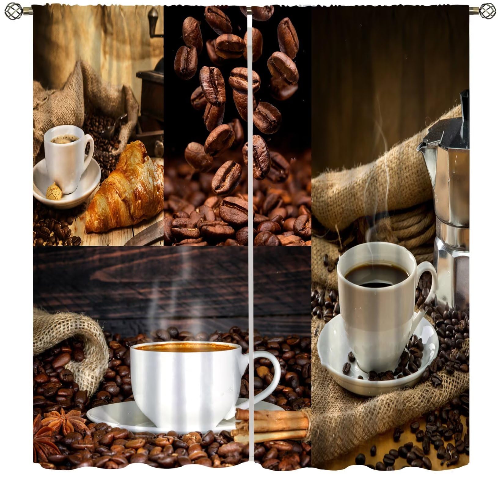 Coffee Kitchen Curtains, Coffee Beans on Wooden Grunge Background Kitchen Image, 2 Panel Set Cafe Decor 72x63in