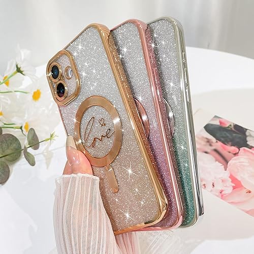 Miniatura 5 de Fiyart Funda compatible con iPhone 12, compatible con MagSafe Love con protección de cámara, transparente, purpurina magnética para mujeres y niñas,