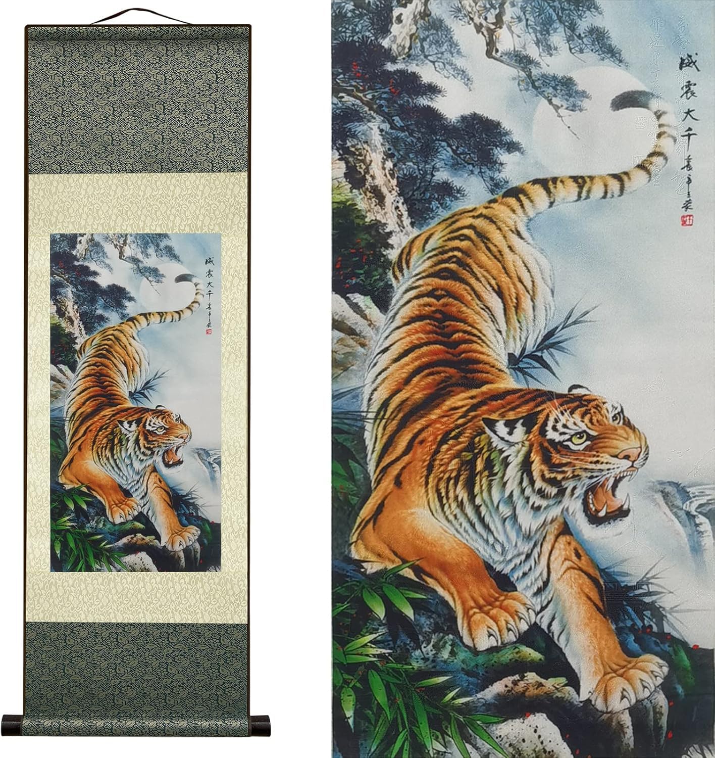 Atfart P-159 Silk Scroll Painting Asian Wall Decor Animal - Deterrence Tiger - Tiger Might Big World Beautiful Chinese Art Wall Scroll Hanging Painting Scroll Oriental Decor(36.2X12in)