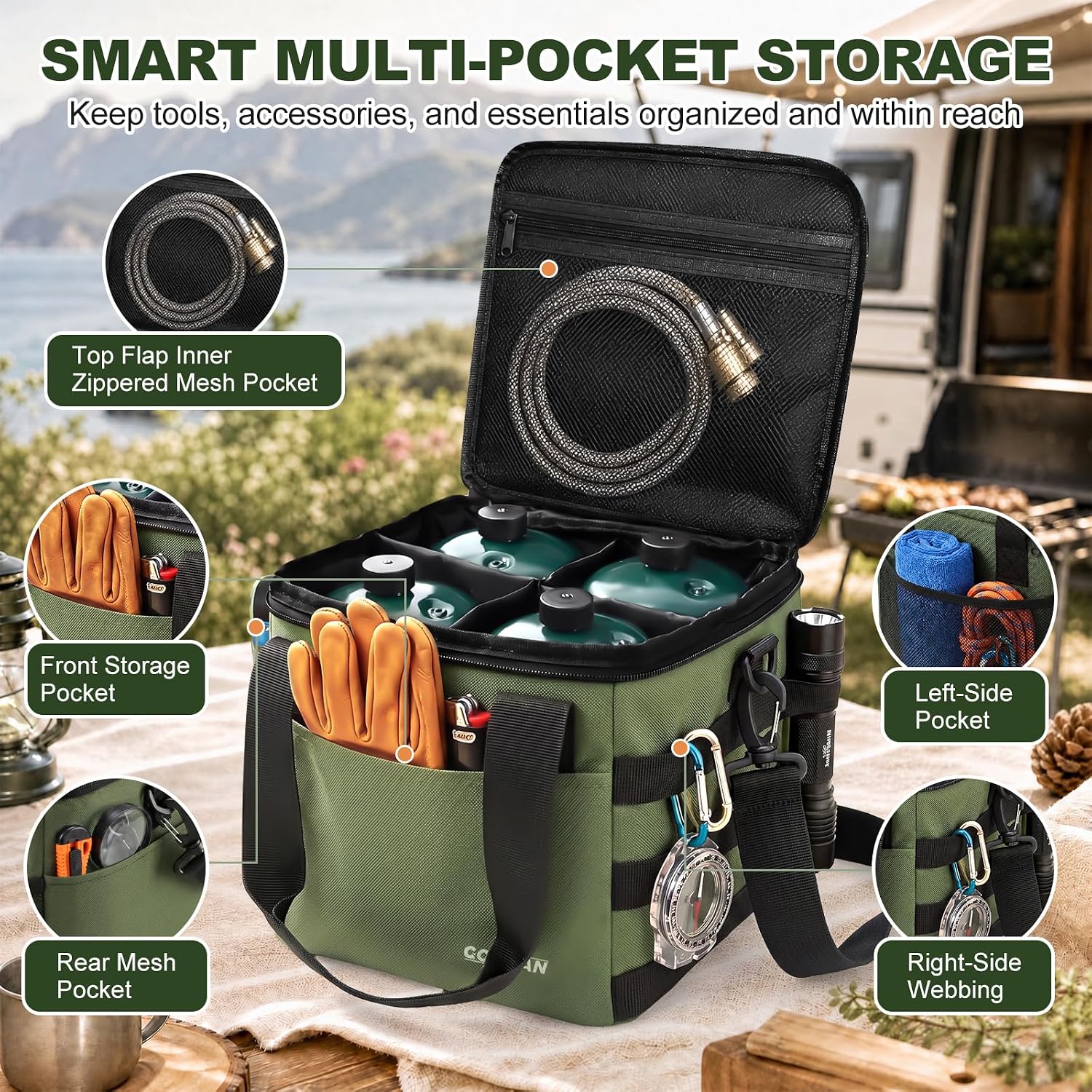 Propane Tank Storage Bag, Holds 4 Refillable 1lb Propane Tanks for Camping