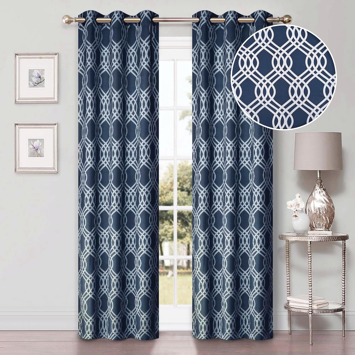 Superior Semi Blackout Curtains - Ribbon Trellis Design - 42" x 96" - Grommet Header - Sun Blocking & Room Darkening Drapes for Bedroom, Living Room - Set of 2 Panels - Navy Blue