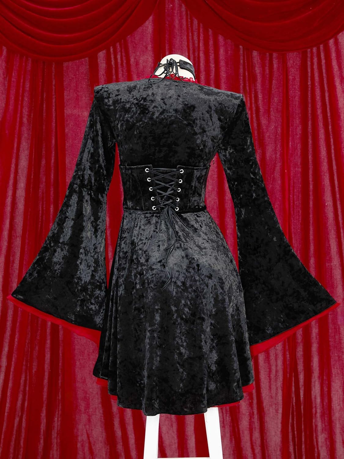 MEOWCOS Women's Medieval Dress Gothic Black Velvet Dress Vampire Style Vintage Flared Sleeve Dress with Corset Choker - Image 3