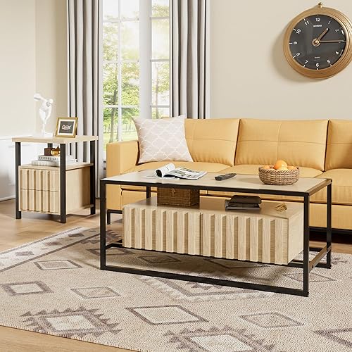 Miniatura 5 de UEV Juego de 3 mesas auxiliares, juego de mesa de sala de estar, mesa auxiliar de mediados de siglo, juego de 2 mesas auxiliares con 2 cajones para