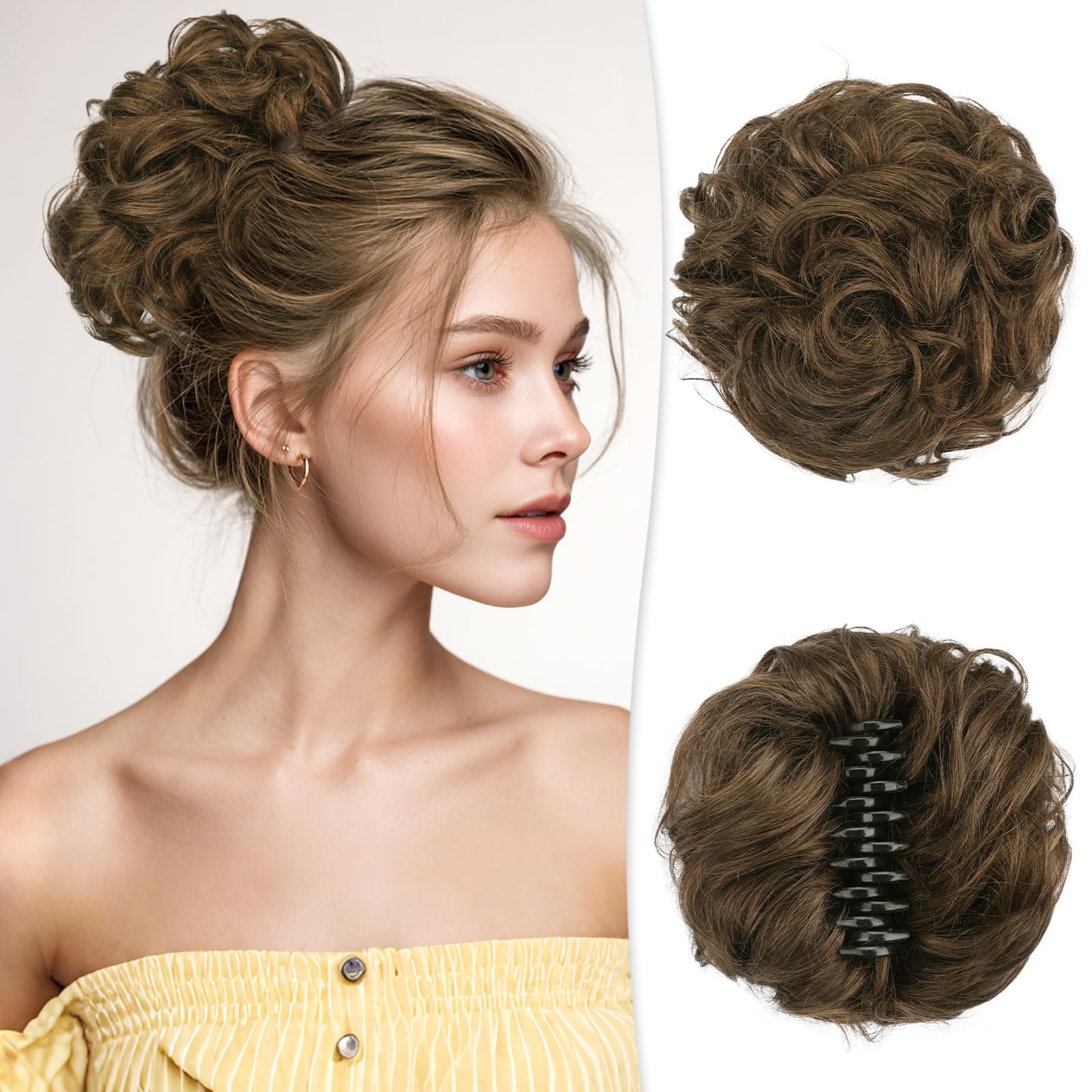 RUWISS Claw Clip Messy Bun Hair Piece Large Real Human Hair Bun Wavy Curly Chignon Hair Bun Extensions Tousled Updo Hair Pieces for Women Claw Clip Ponytail Hair Scrunchies for Women Medium Brown